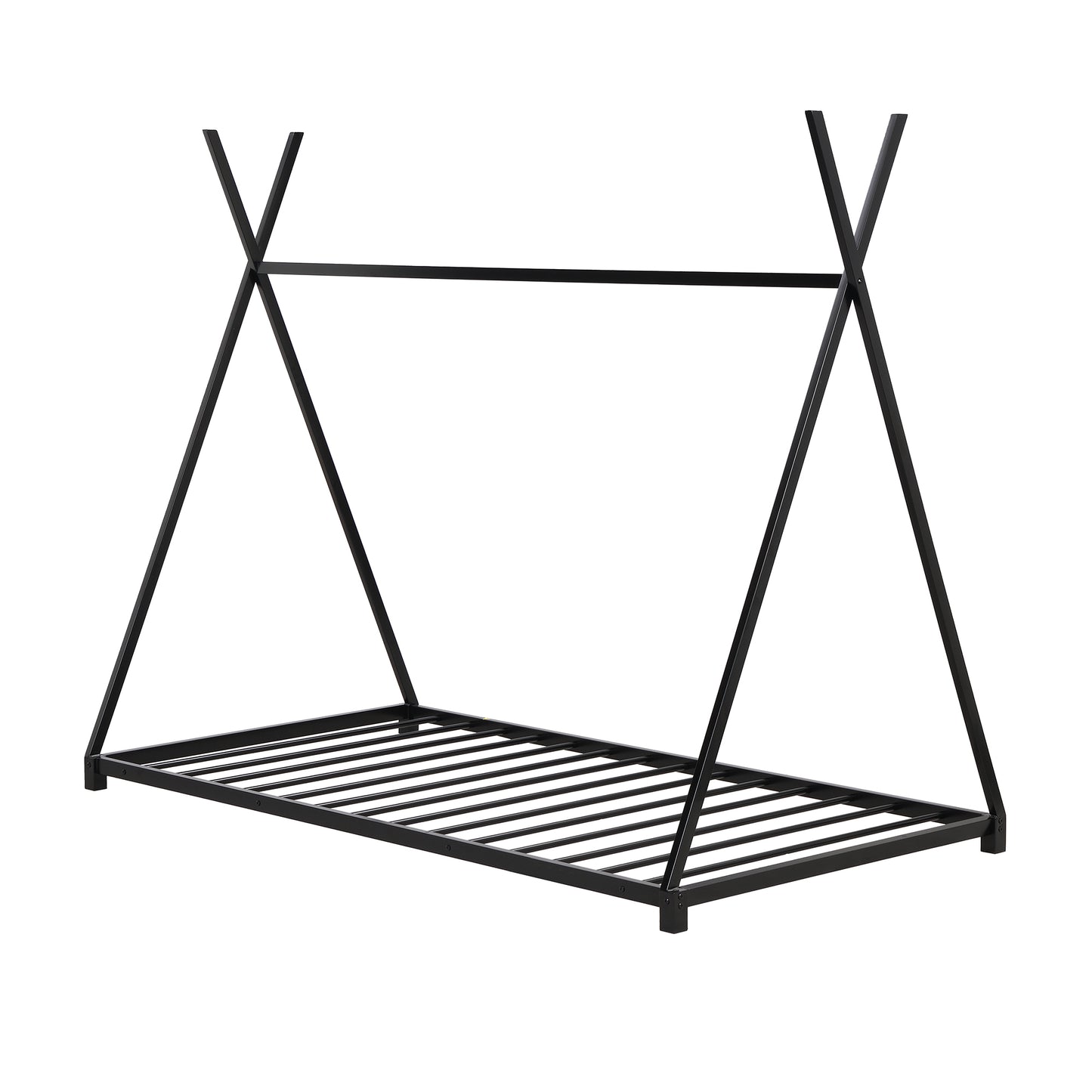 Black metal teepee bed frame with slatted mattress support