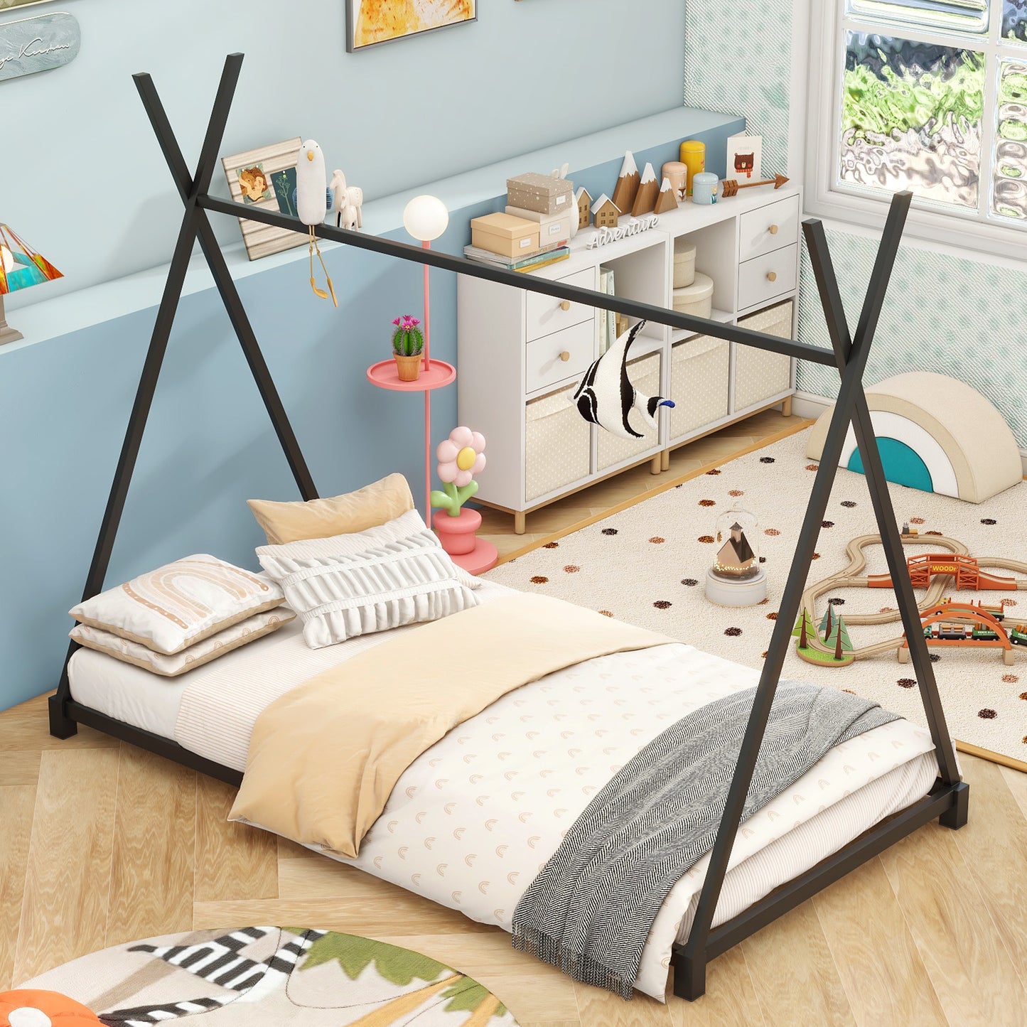 Black metal twin teepee bed frame with bedding