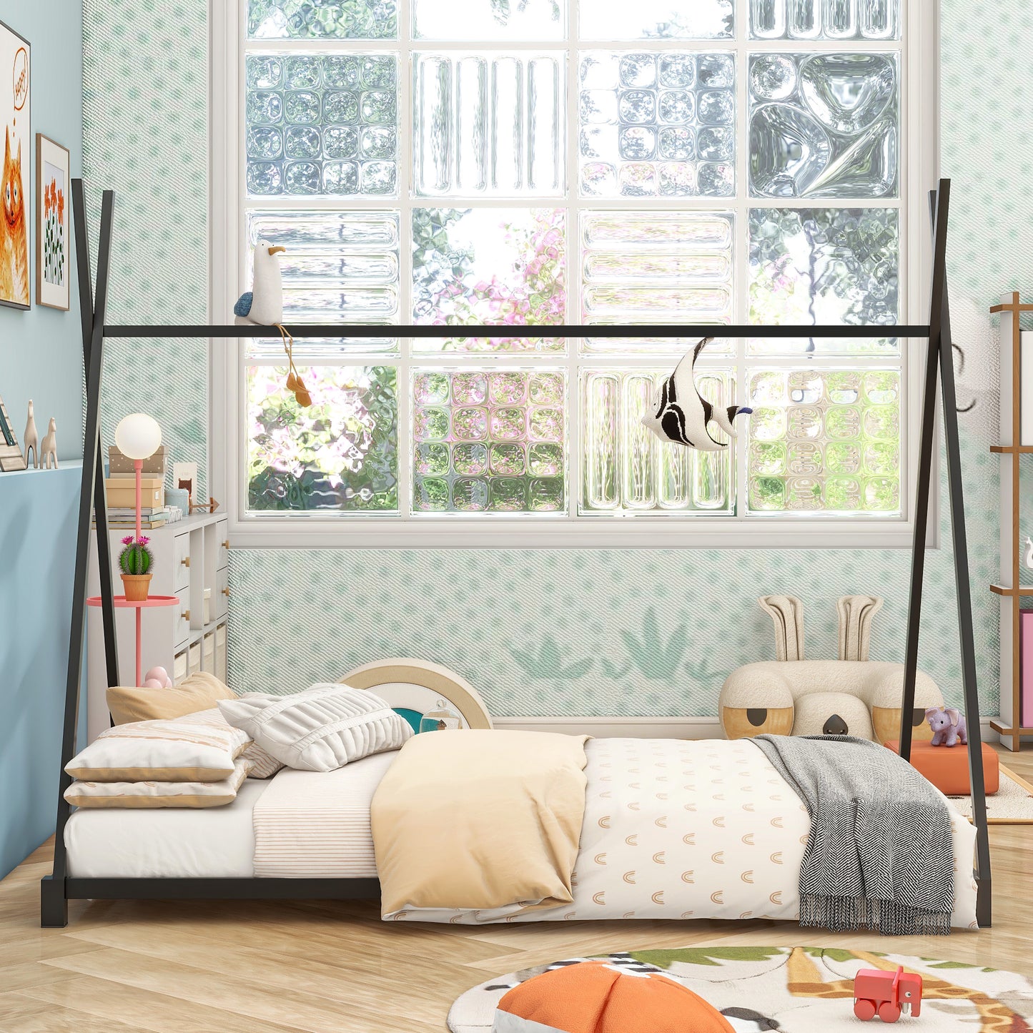 Modern black metal twin bed frame with playful bedding