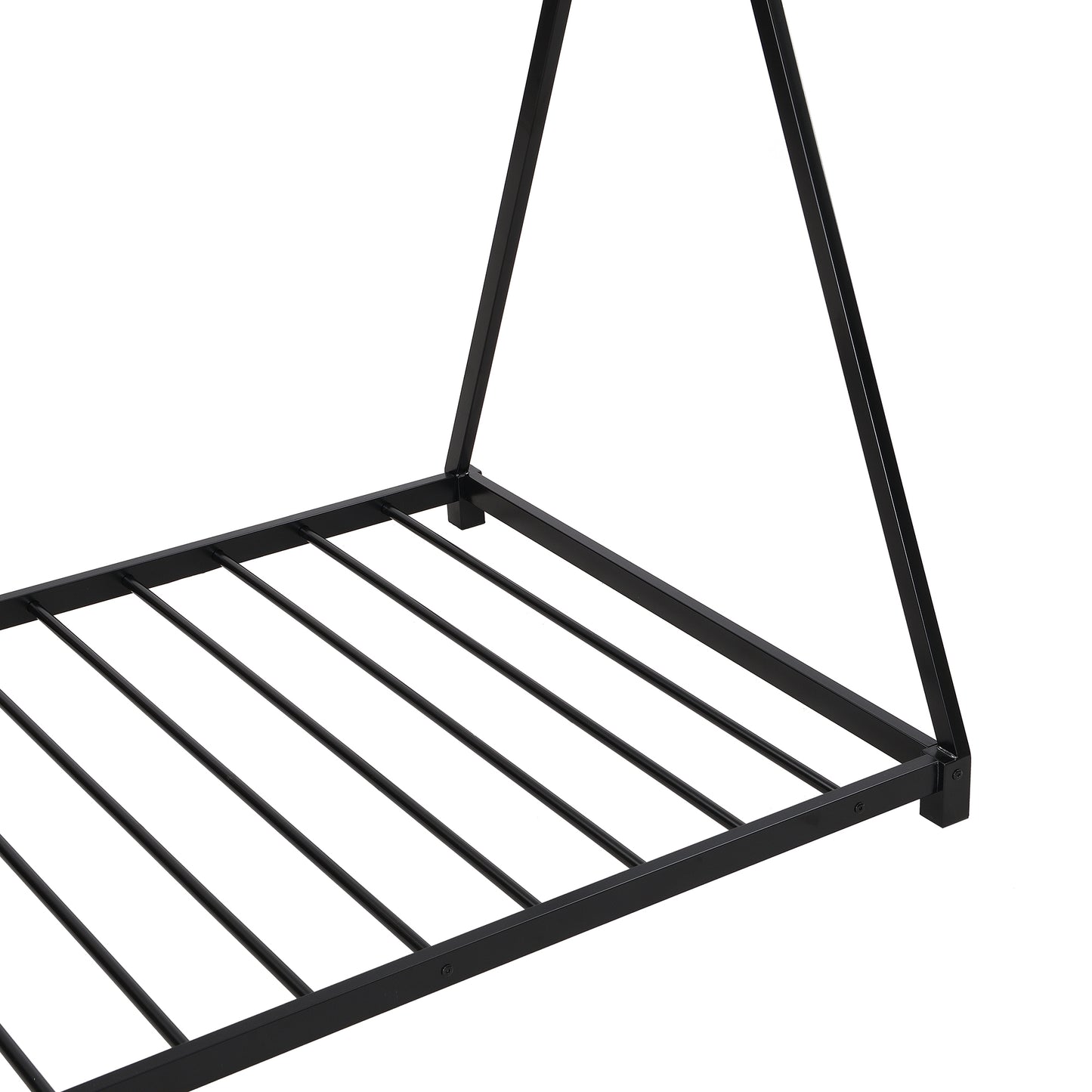 Black metal shelf with slatted design