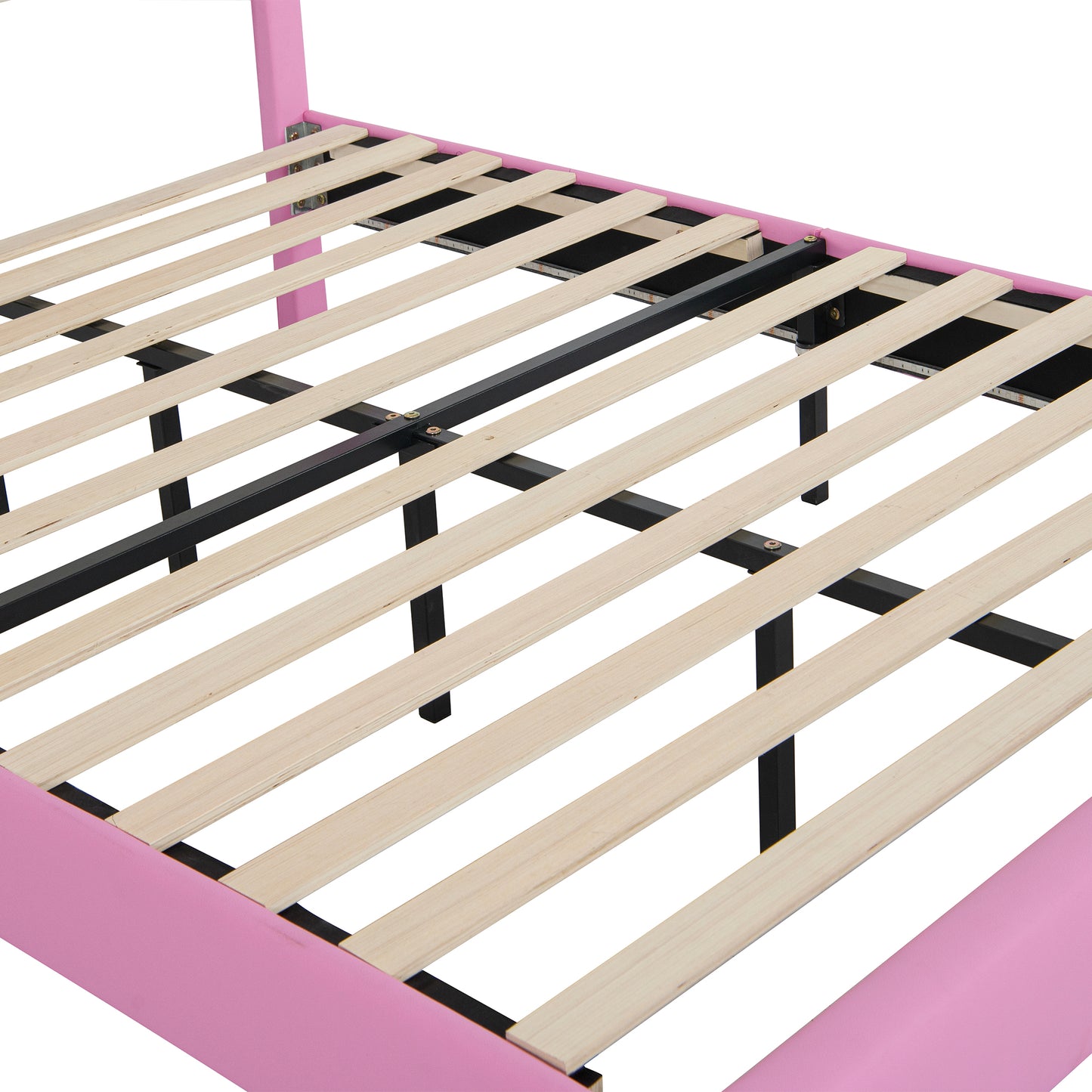 Closeup of pink upholstered bed frame with wooden slats and black metal support structure