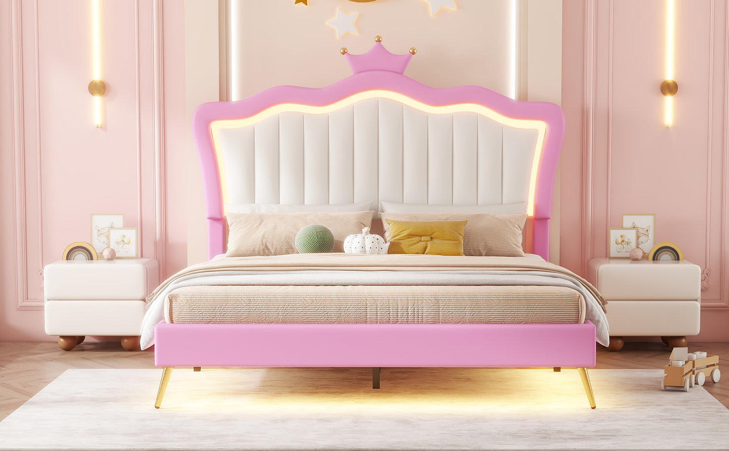 Pink princess bed with crown headboard and LED lights