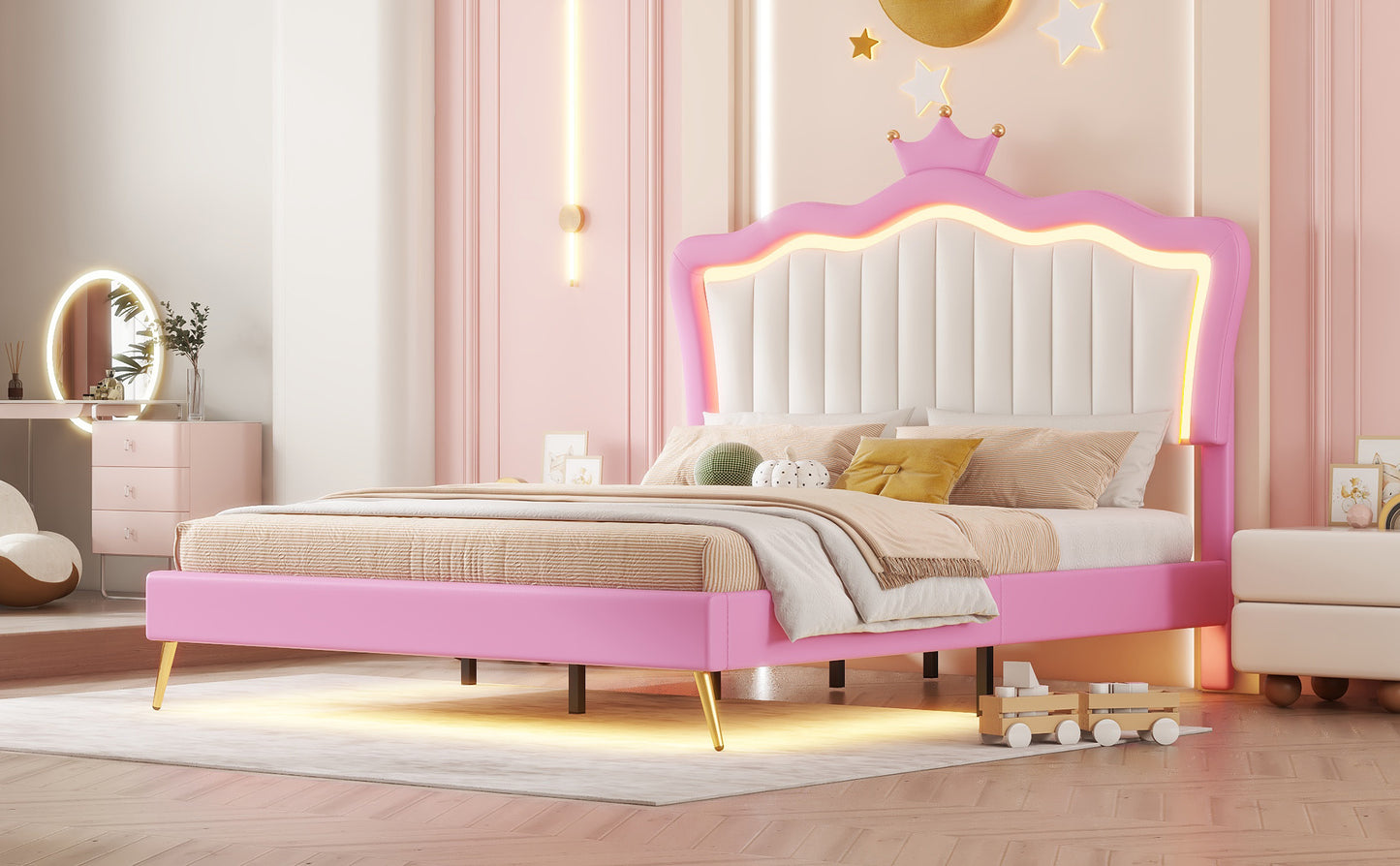 Pink crown upholstered bed with gold legs and integrated LED lighting