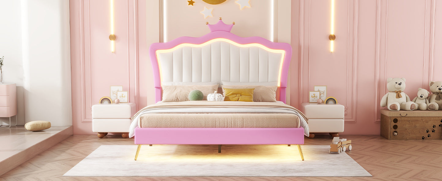 Pink crown headboard bed with integrated LED lighting