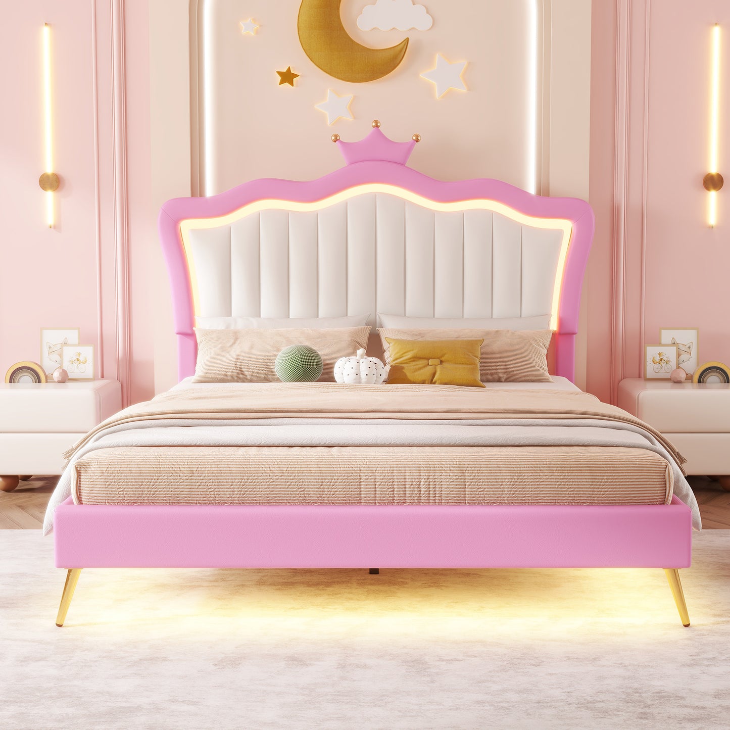 Pink velvet princess bed frame with tufted white headboard and builtin LED lighting