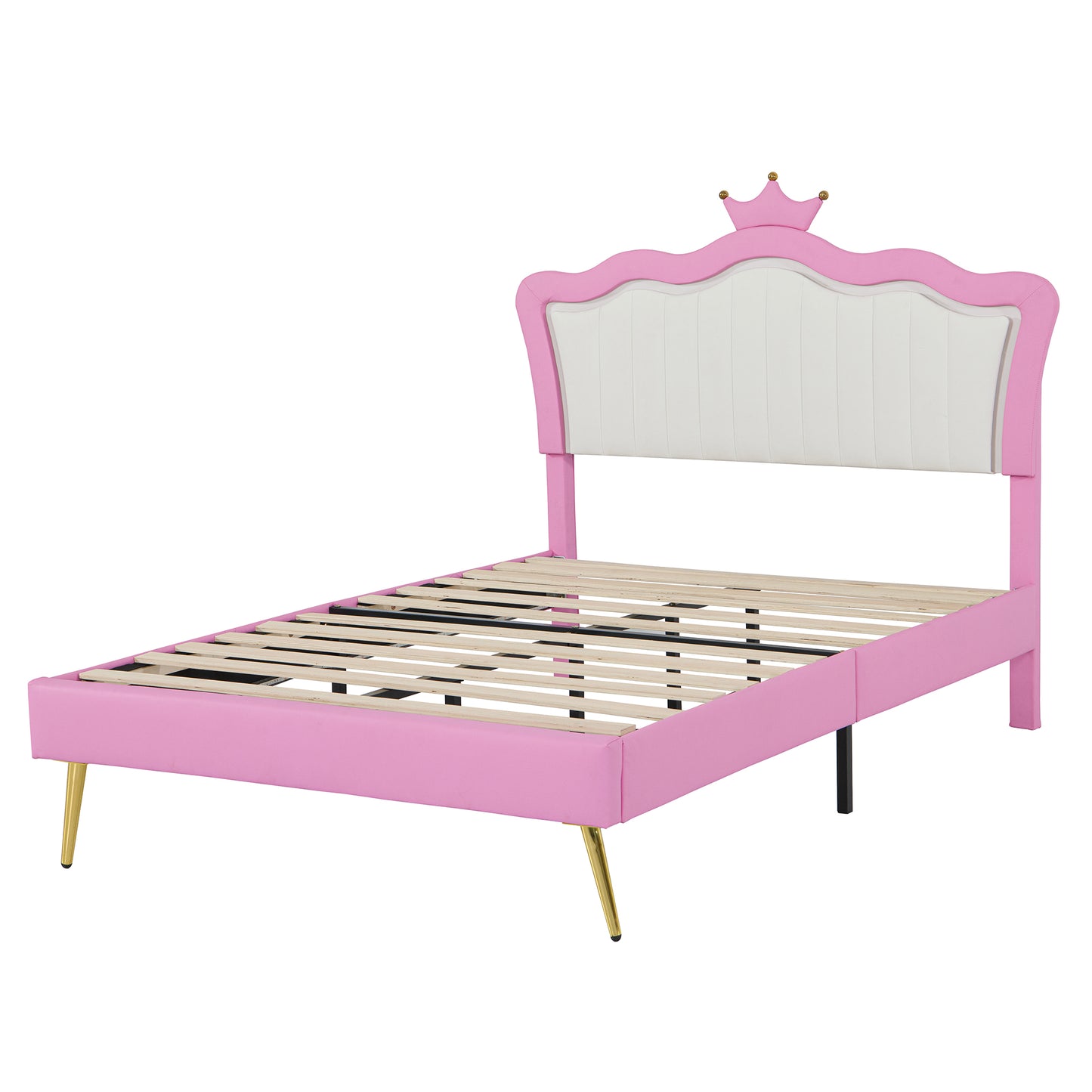 Pink upholstered twin bed frame with white tufted headboard and crown detail
