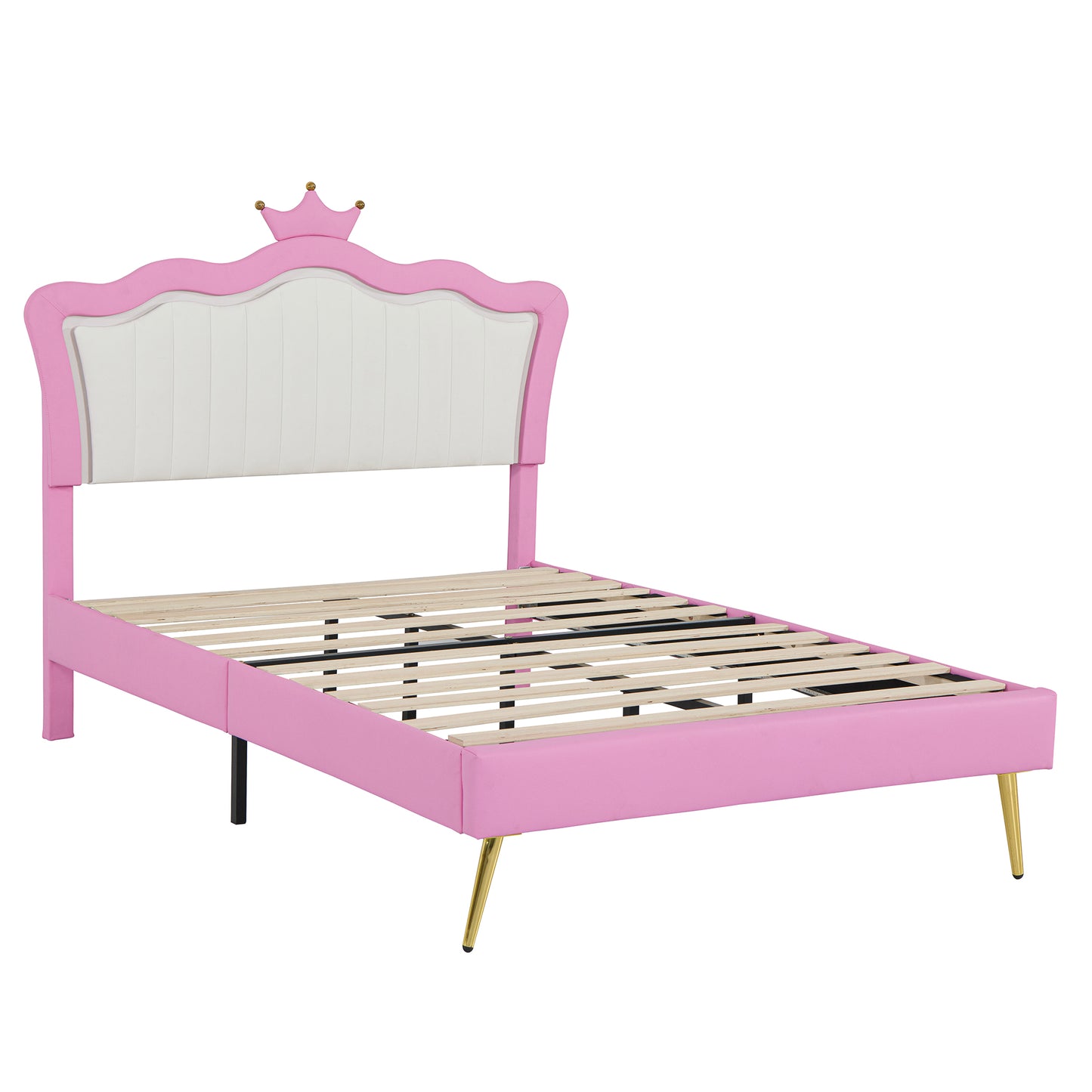 Pink upholstered bed frame with crown headboard
