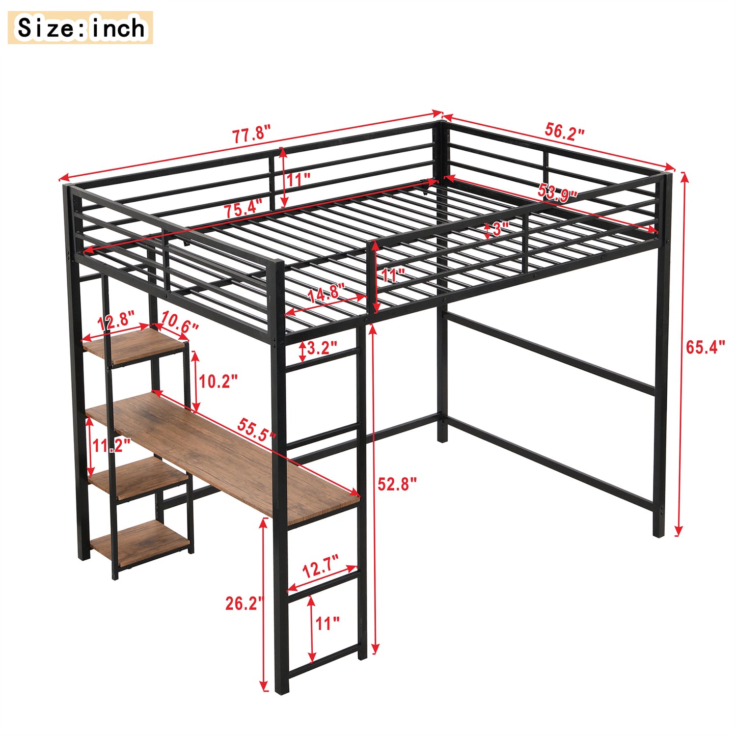 Black metal loft bed with integrated desk and shelving