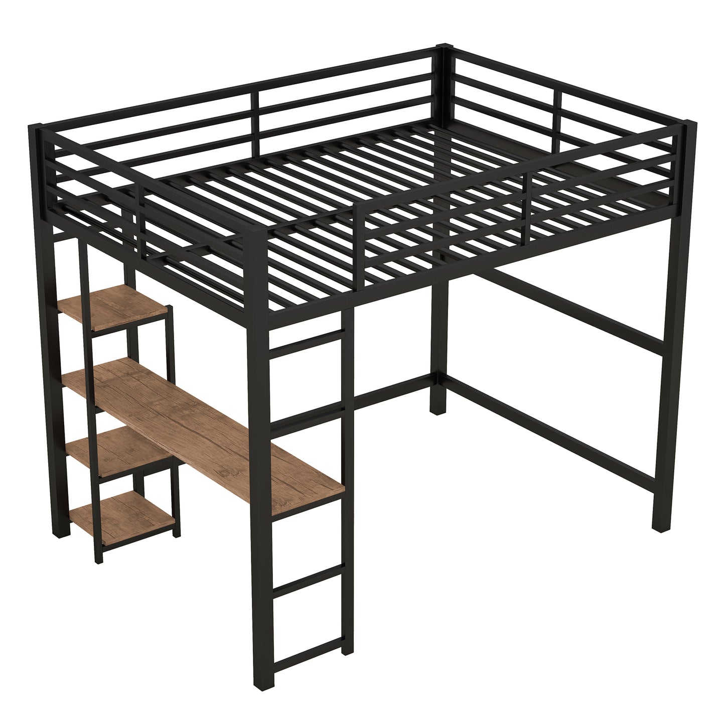 Black metal loft bed with integrated desk and shelving