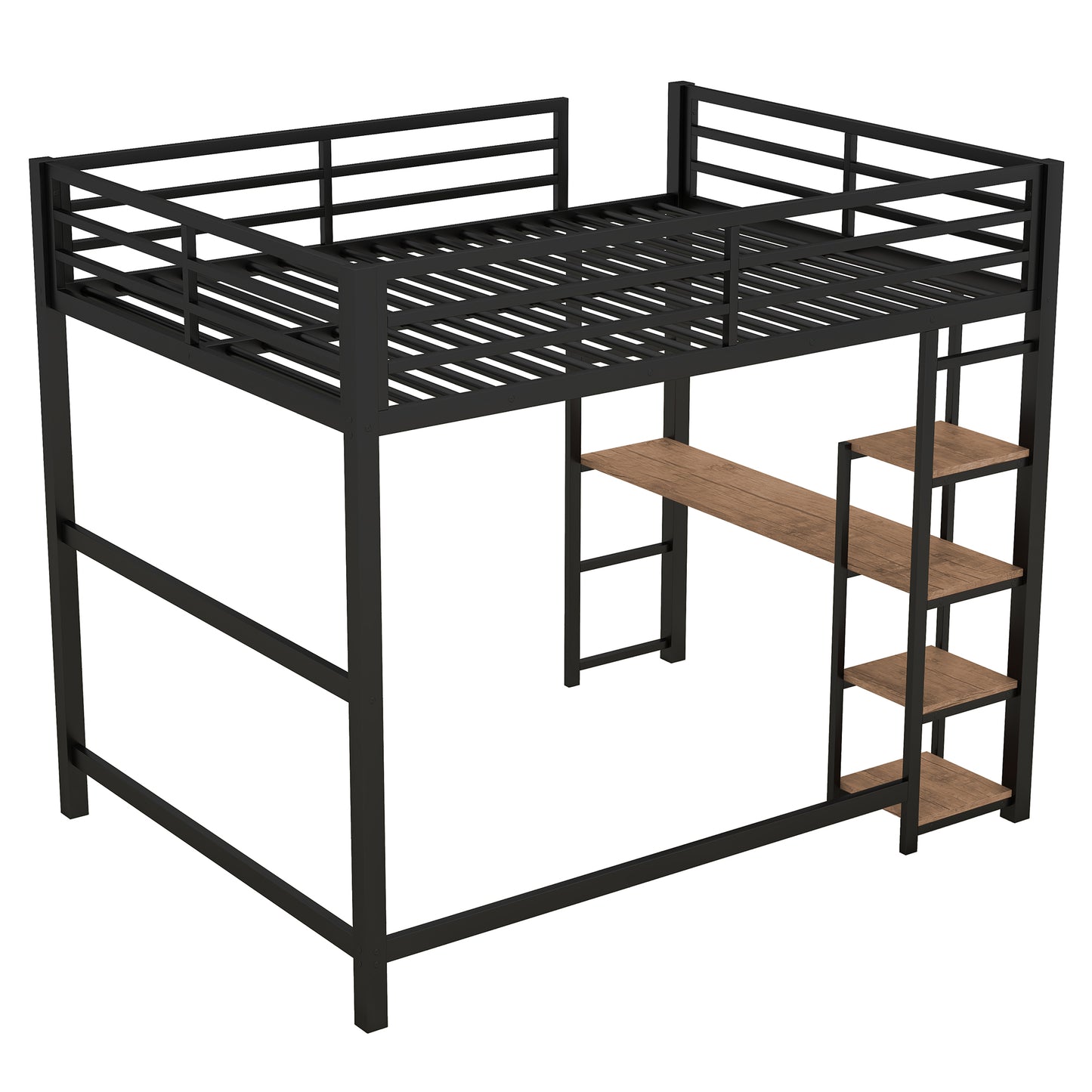 Black metal loft bed with builtin desk and shelves