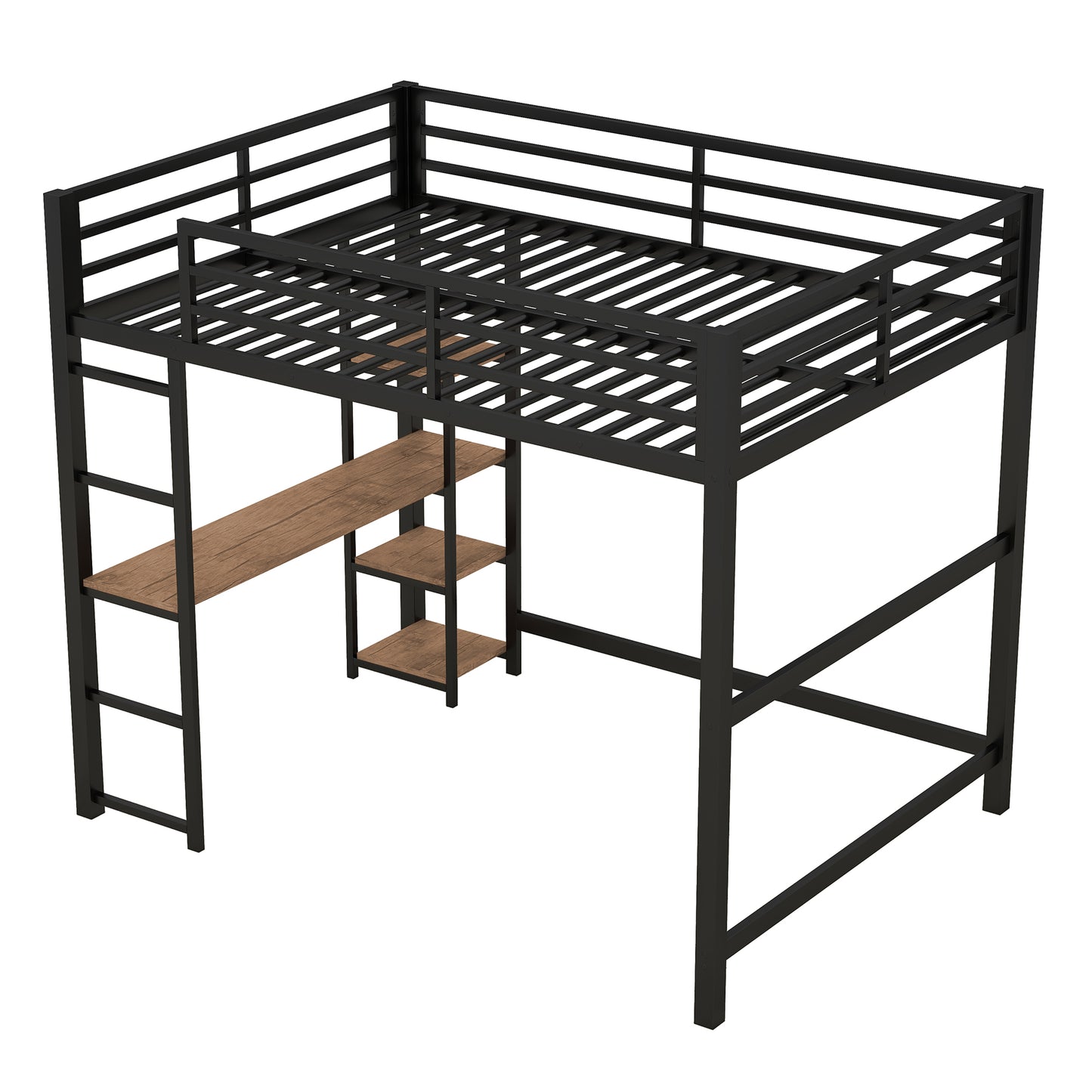 Black metal loft bed with integrated desk and shelves