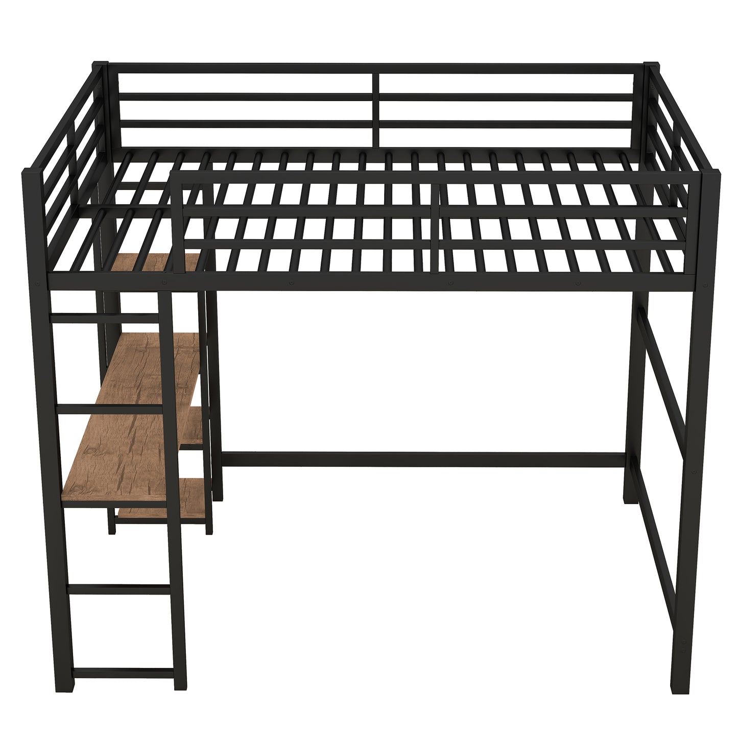 Black metal loft bed with integrated wooden shelves and desk