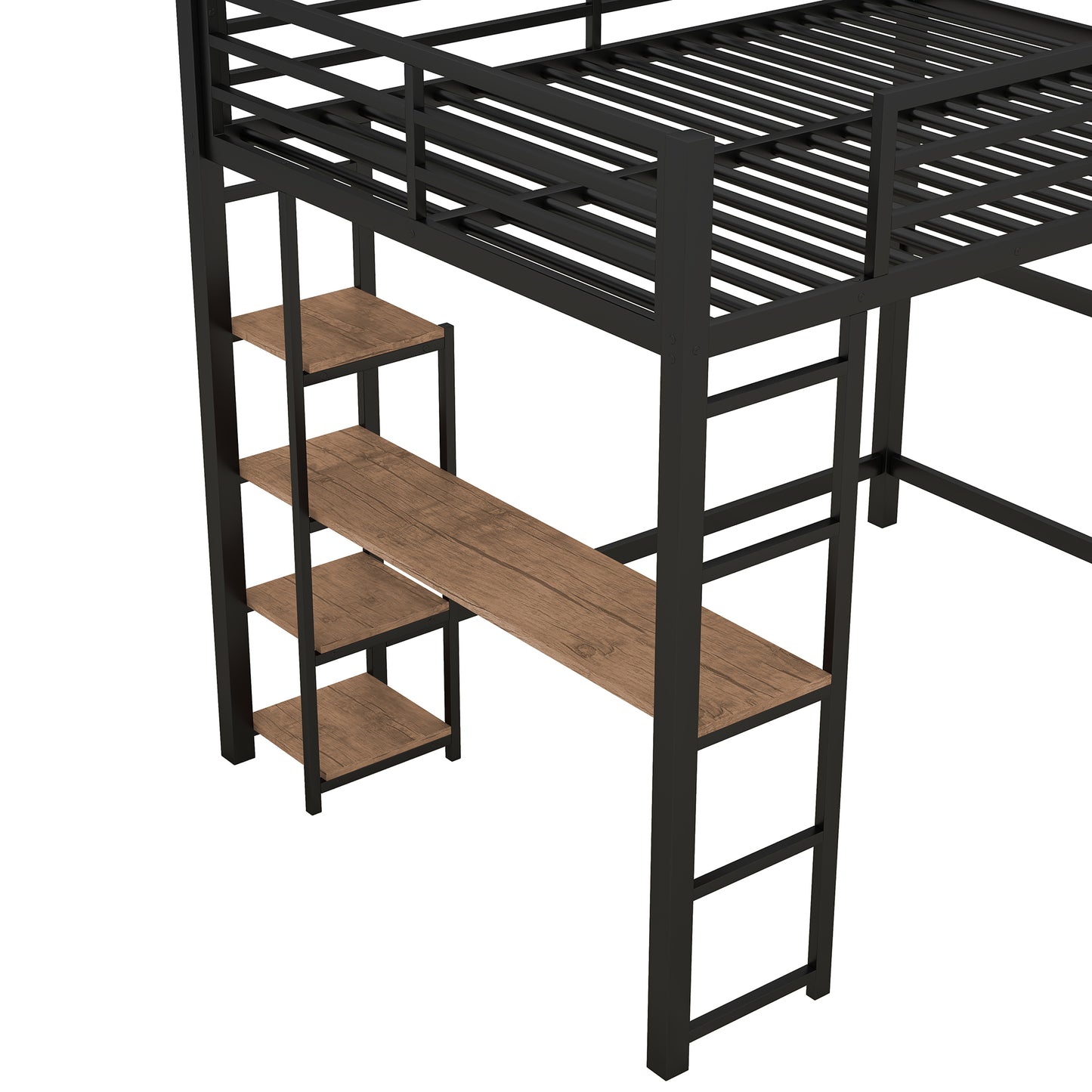 Black metal loft bed with wood desk and shelves
