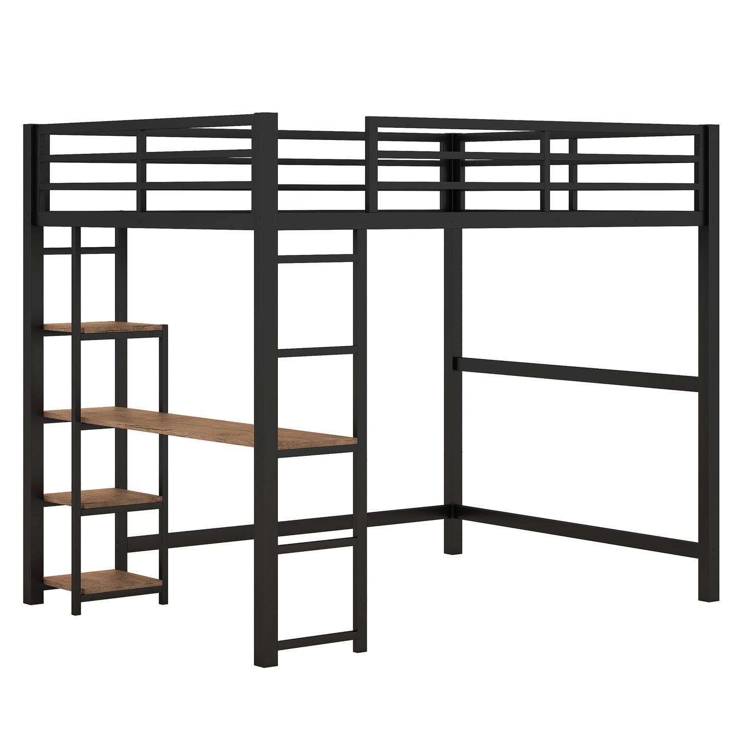 Black metal loft bed with builtin desk and shelving