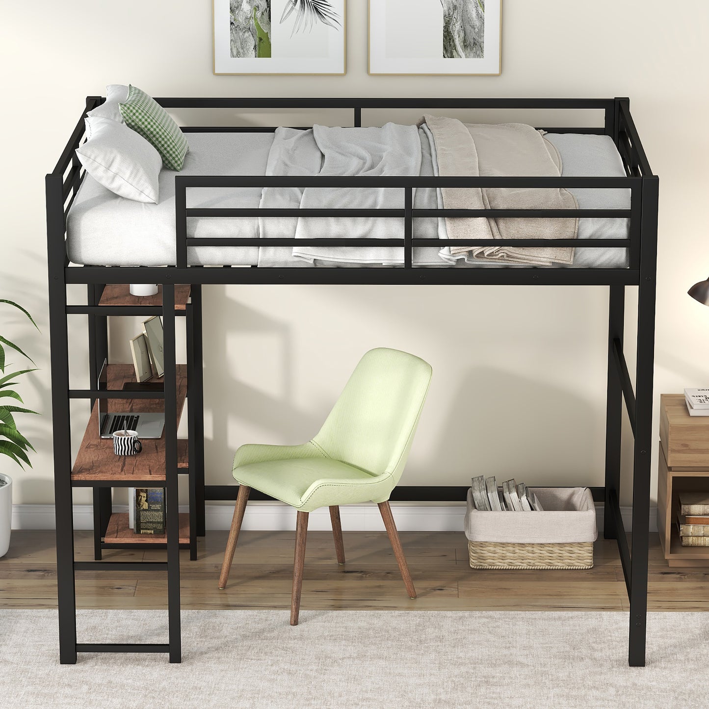 Black metal twin loft bed with integrated desk and shelving