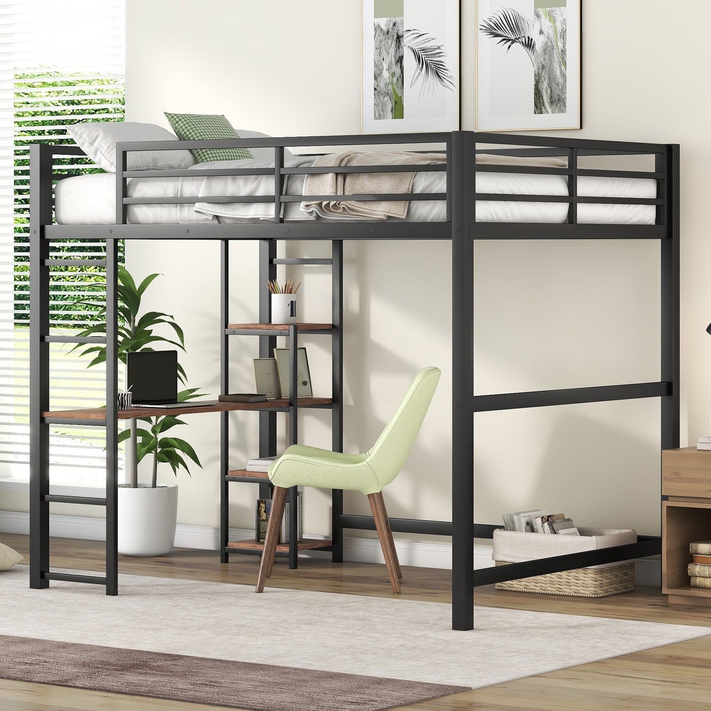 Black metal loft bed with integrated desk