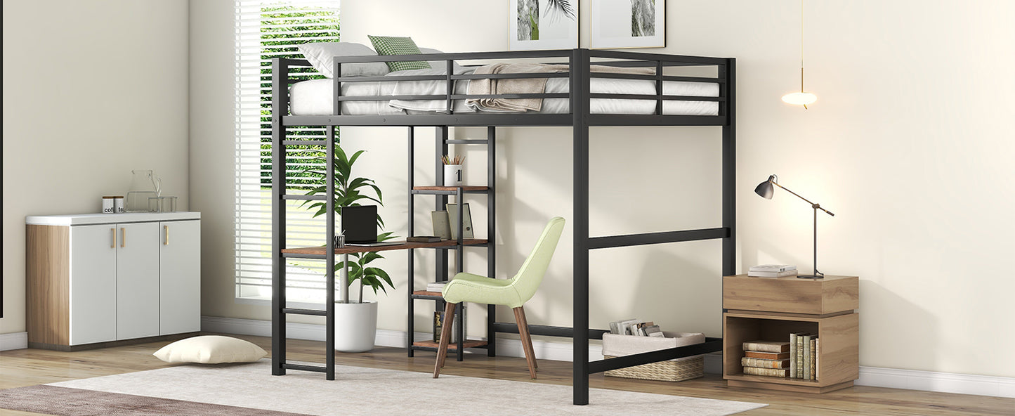 Black metal loft bed with integrated desk and shelves