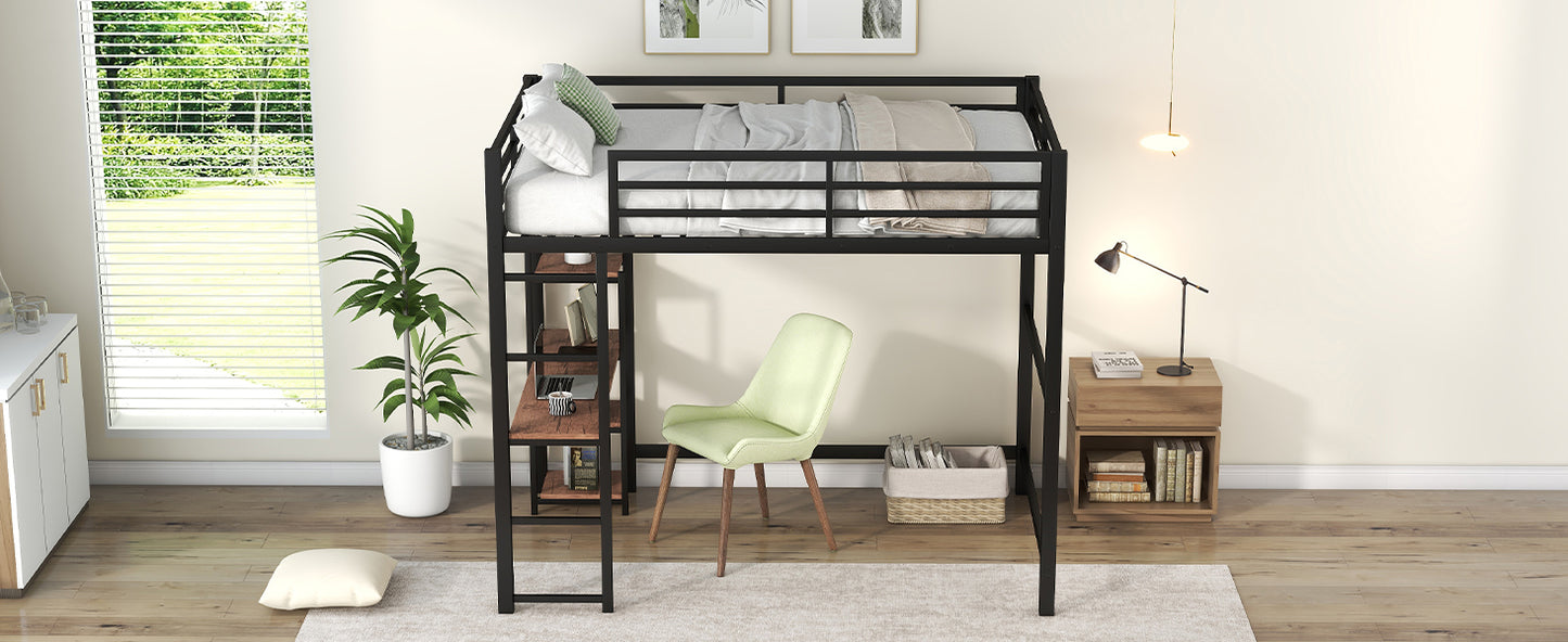 Black metal loft bed with integrated desk and shelves