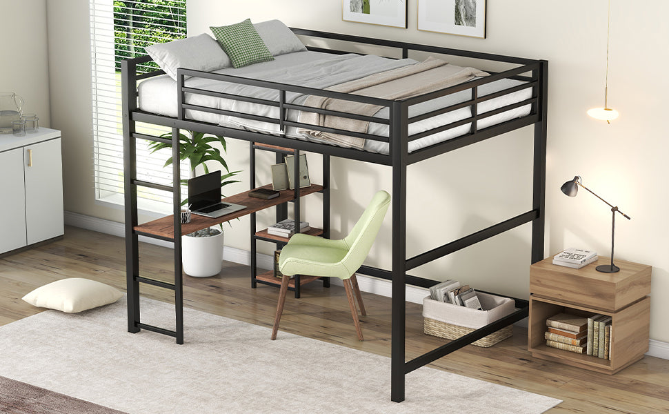 Black metal loft bed with builtin desk and shelves perfect for small bedrooms