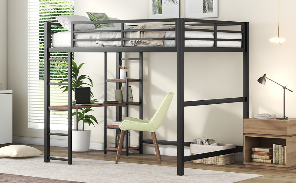 Black metal loft bed with integrated desk and shelving ideal for small spaces