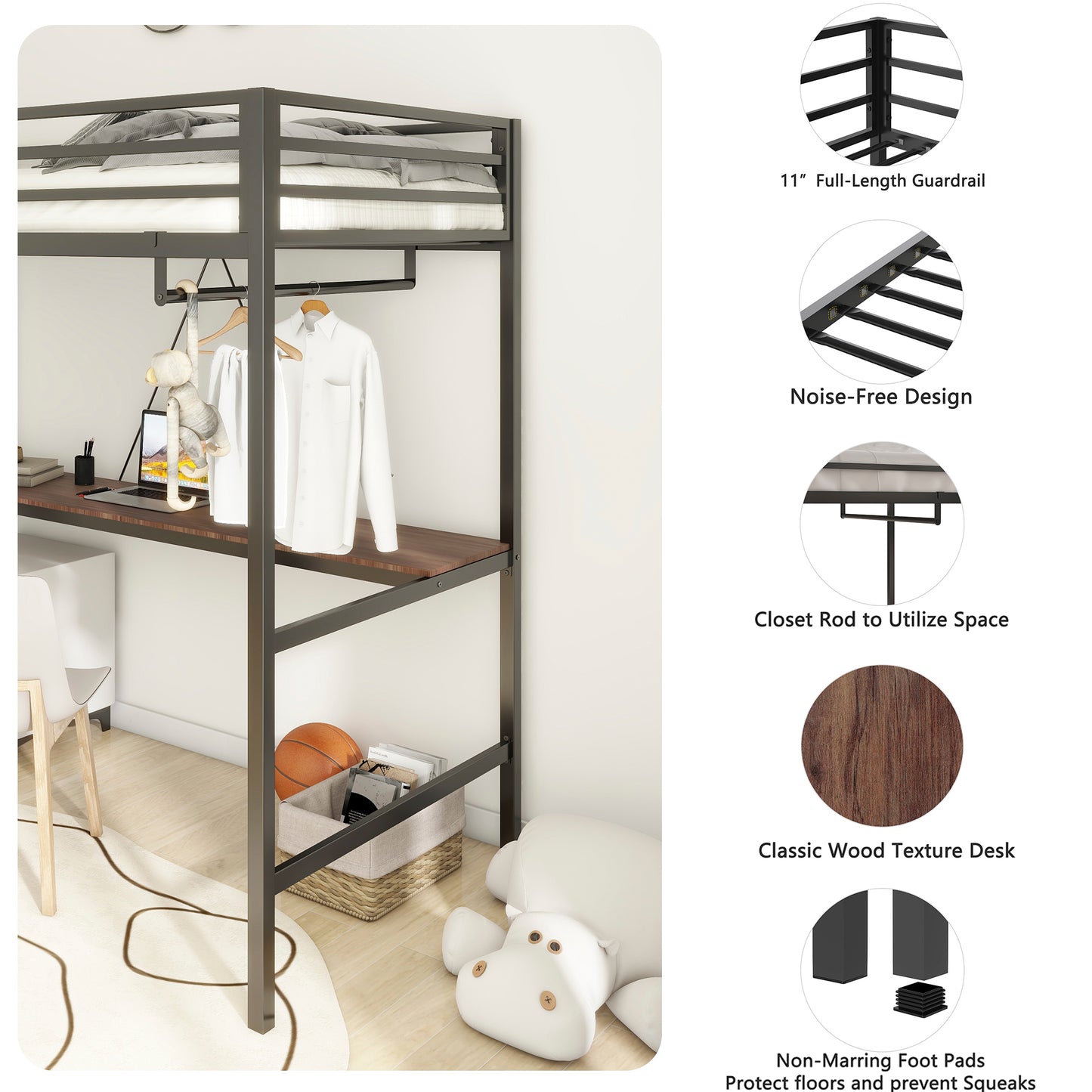 Gray metal loft bed with fulllength guardrail and integrated desk