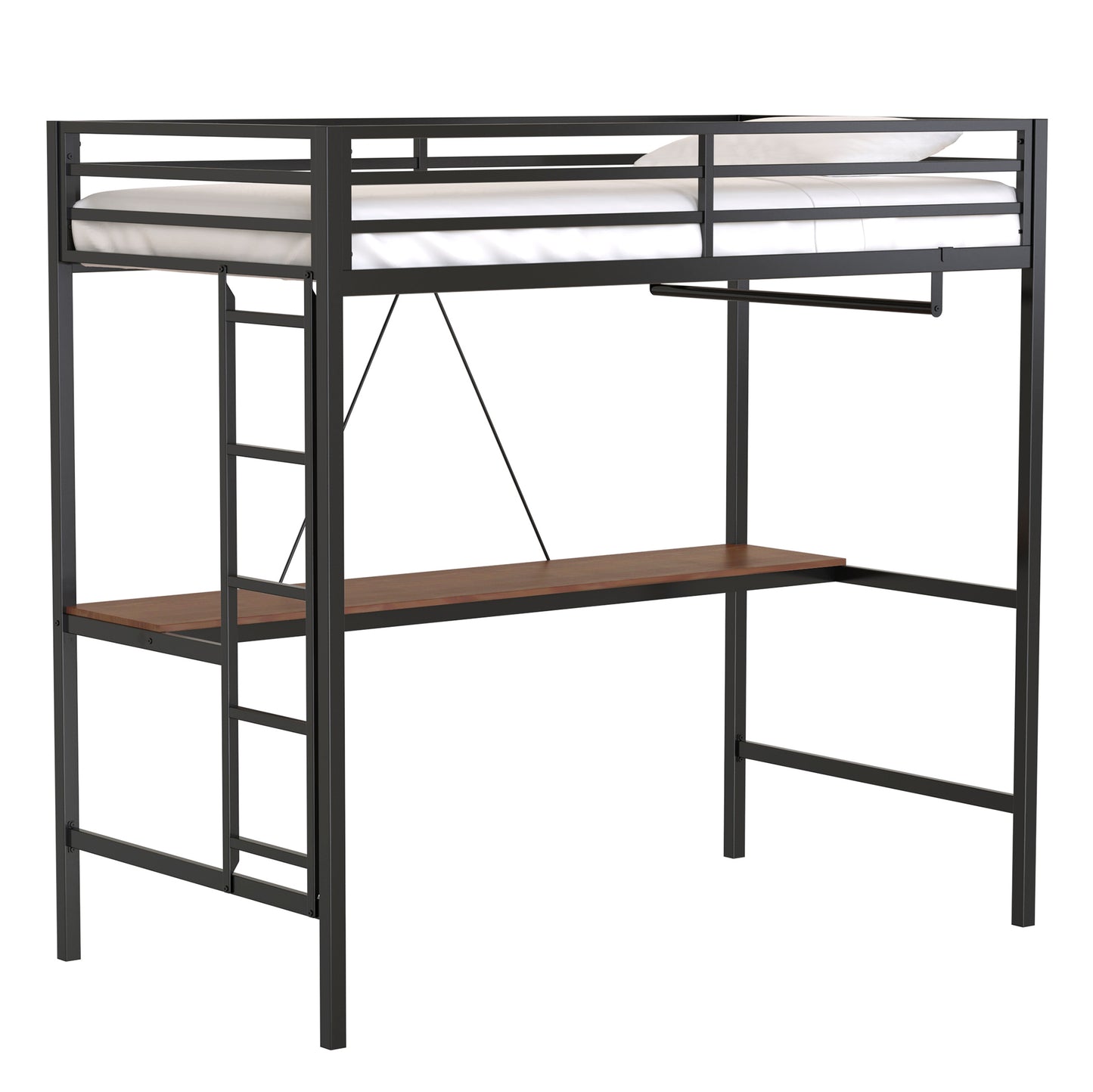 Black metal twin loft bed with integrated desk and ladder for spacesaving