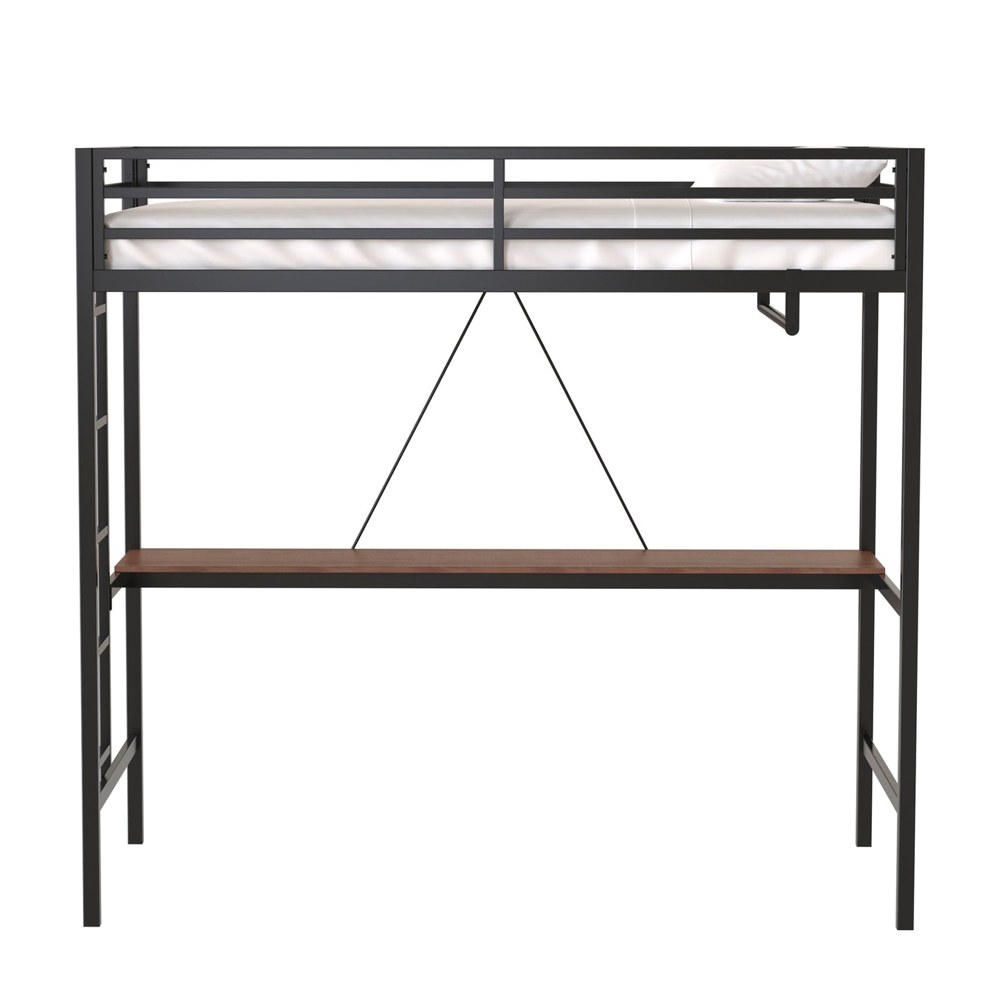 Black metal loft bed with integrated desk and white mattress