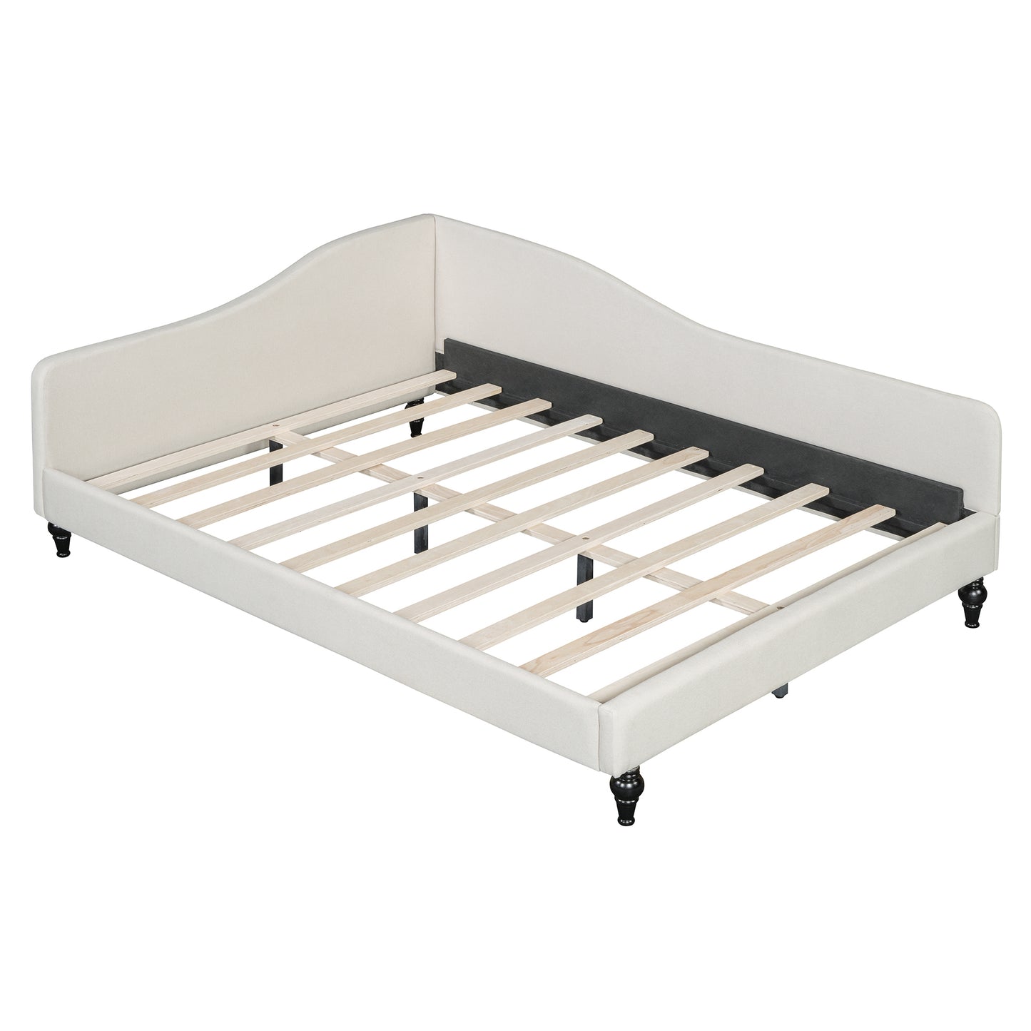 Cream upholstered daybed frame with wooden slats and decorative black legs