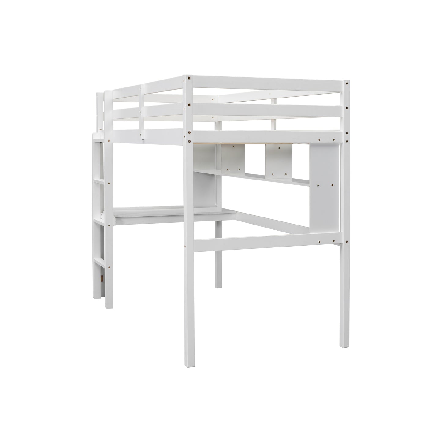 White wooden loft bed with integrated desk and ladder