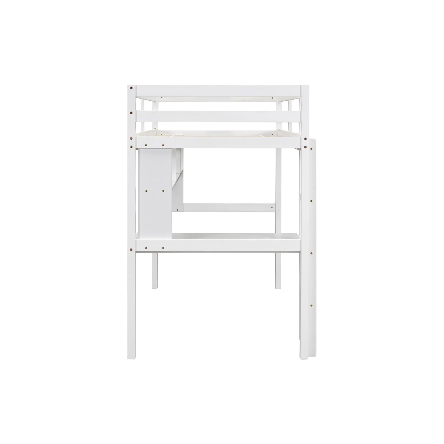 White wooden bunk bed frame with integrated desk