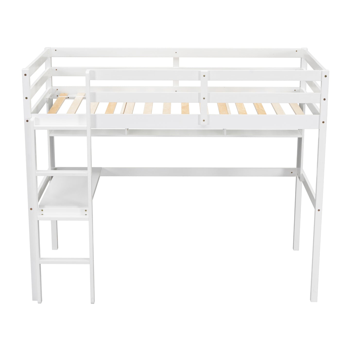 White wooden loft bed with integrated ladder and desk