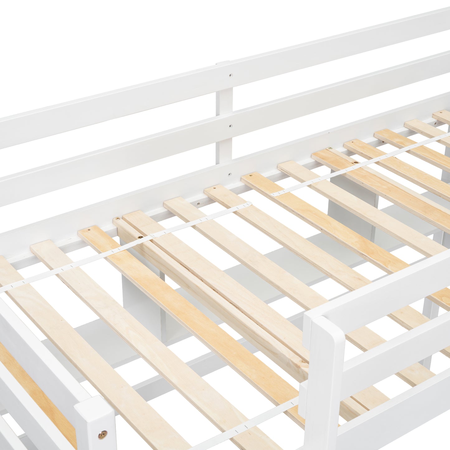 White twin bed frame with wooden slats