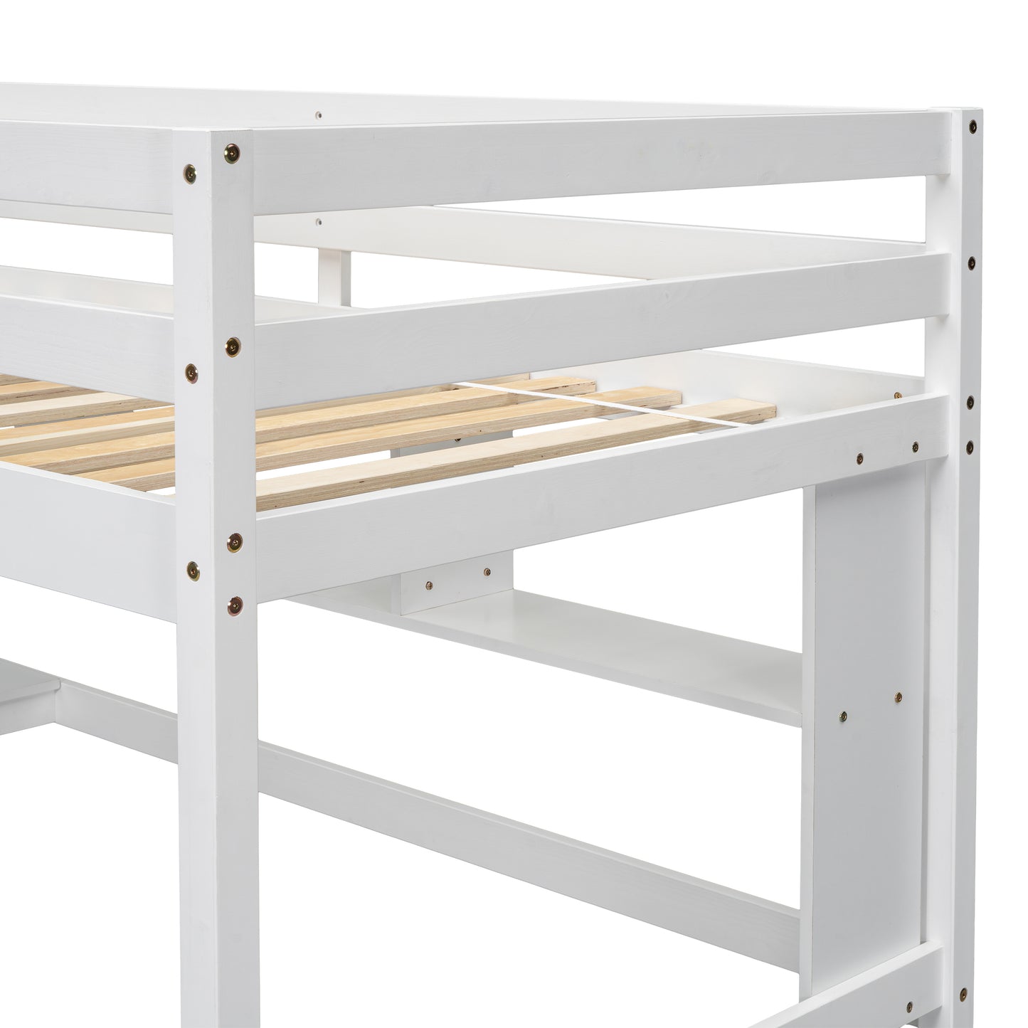 White wooden loft bed frame with slatted base