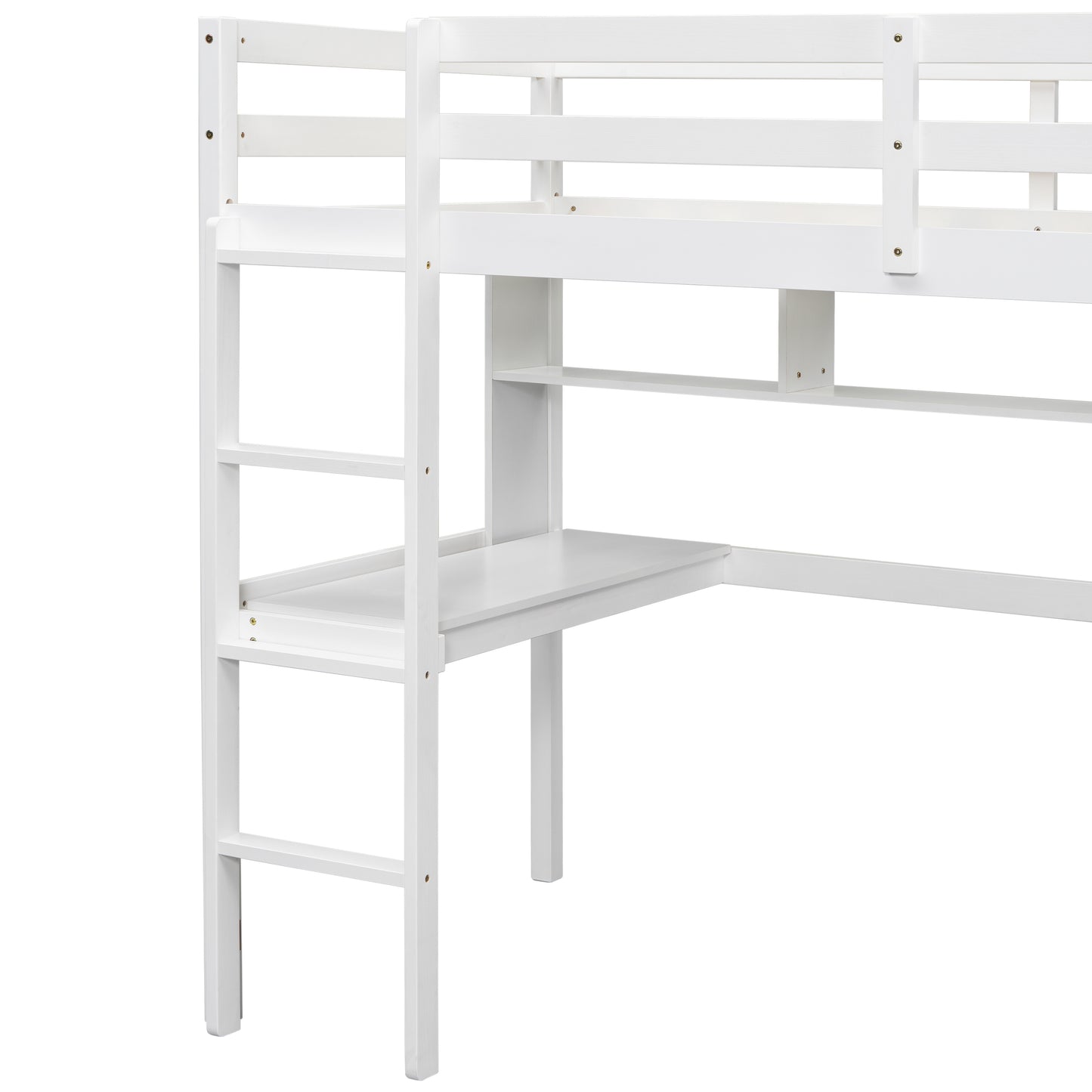 White wooden loft bed with integrated desk and ladder