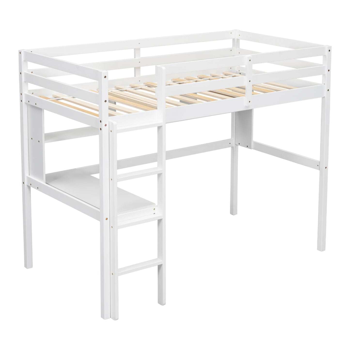 White wooden loft bed with ladder and shelf