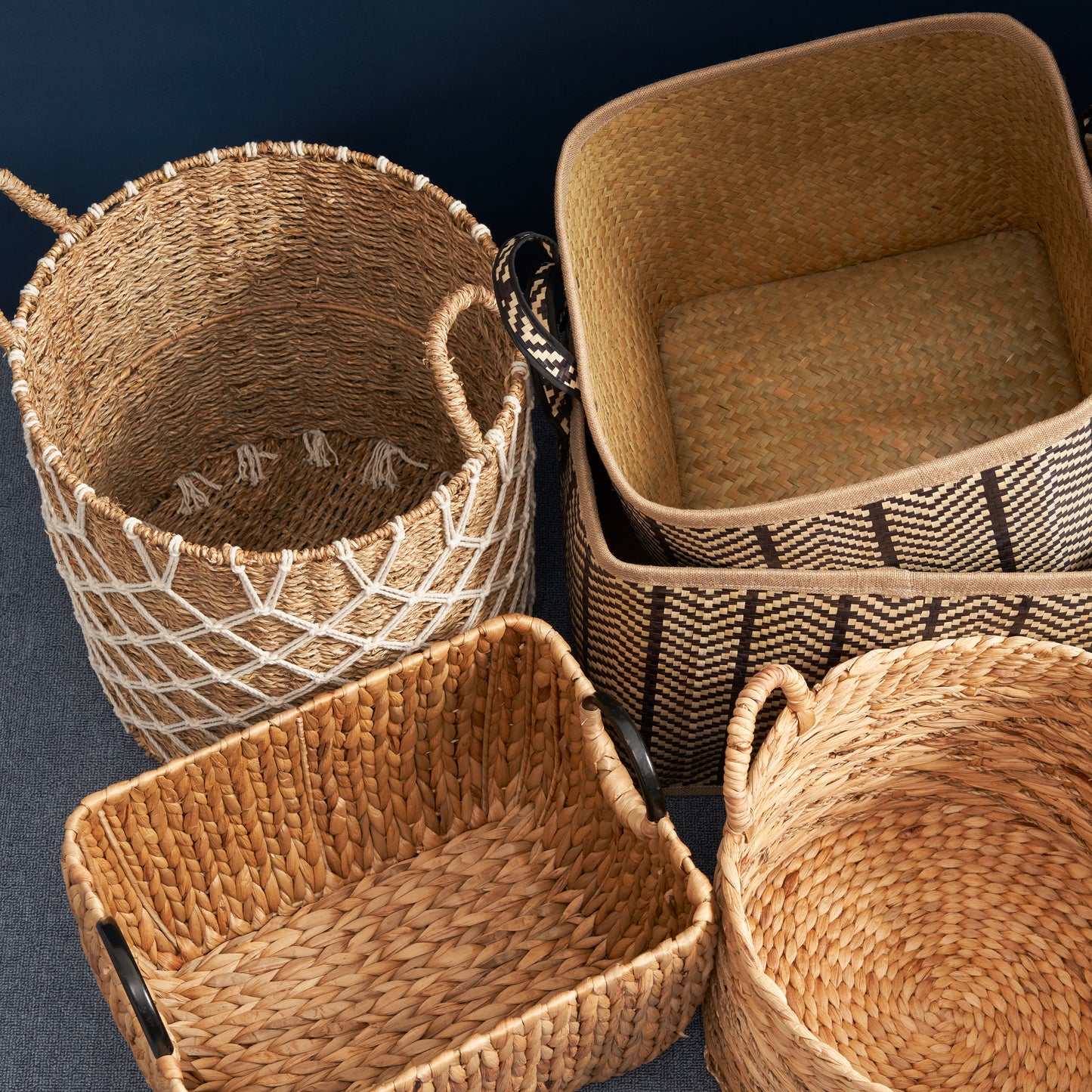 Seagrass storage basket with geometric pattern trim