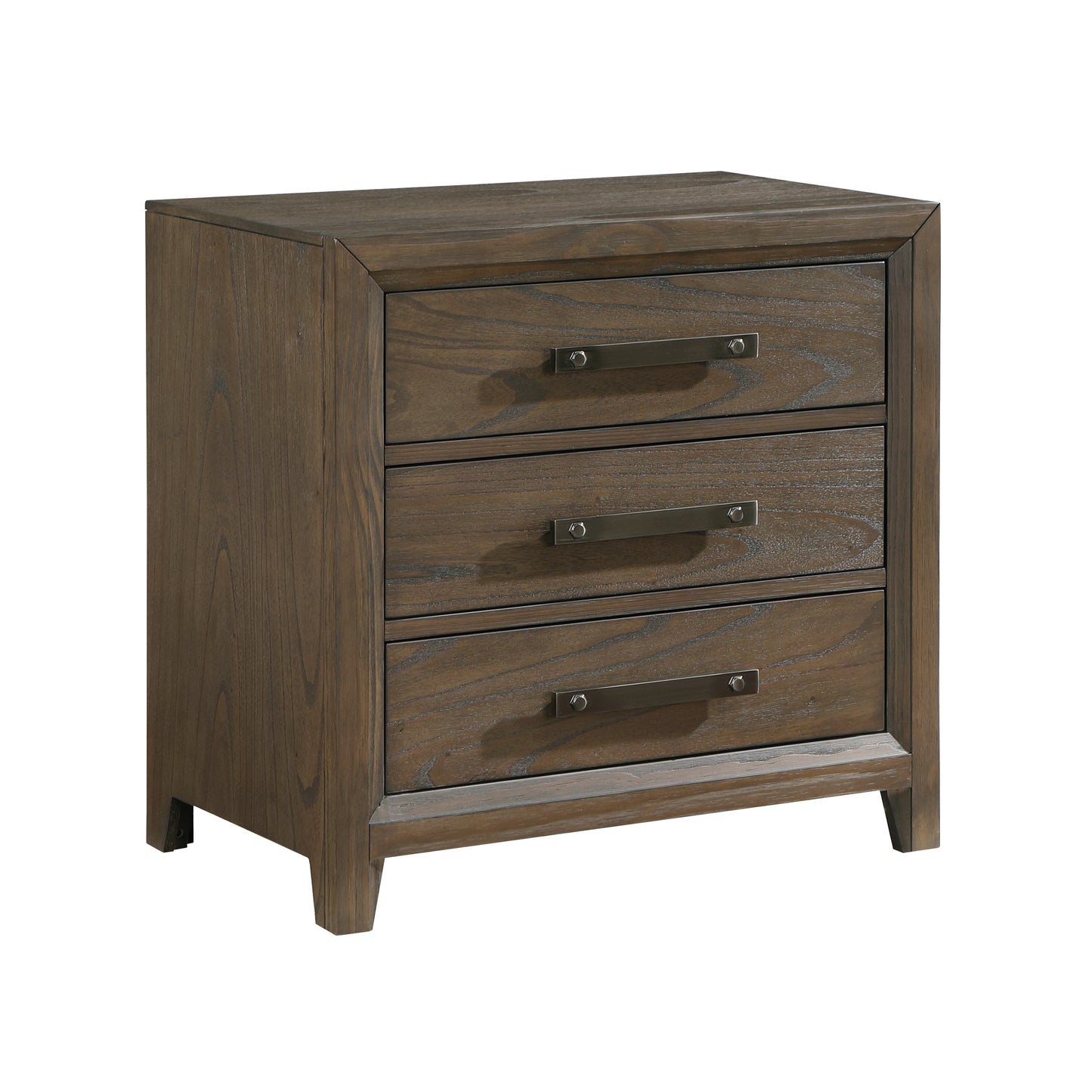 Dark wood threedrawer nightstand with brushed nickel hardware