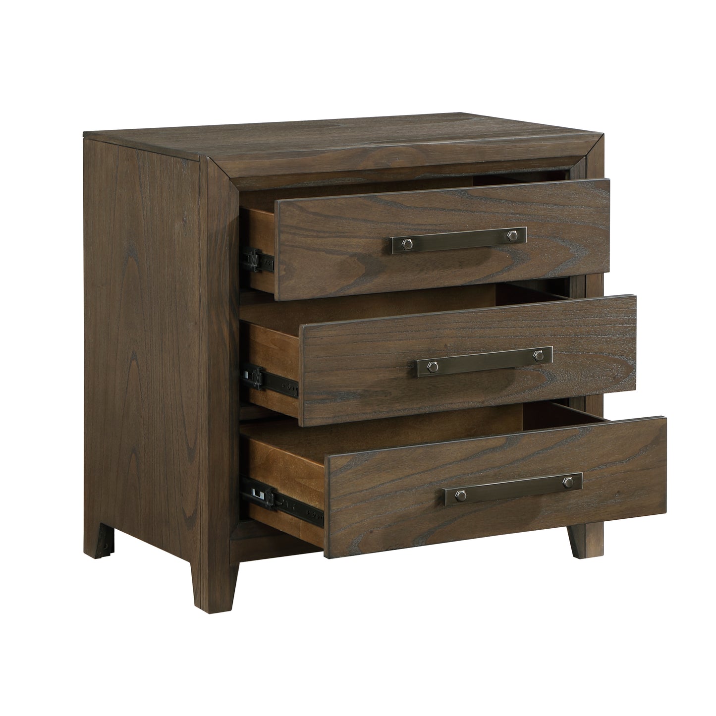 Dark wood bedside table with three open drawers and brushed nickel hardware