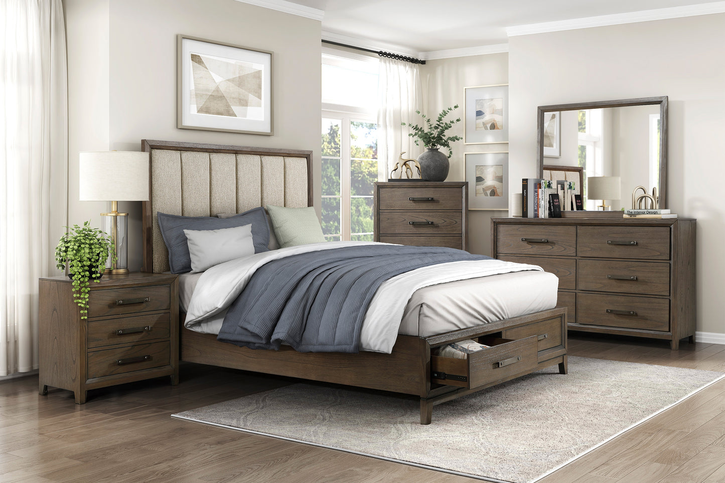 Queen size storage bed with upholstered headboard and dark wood finish