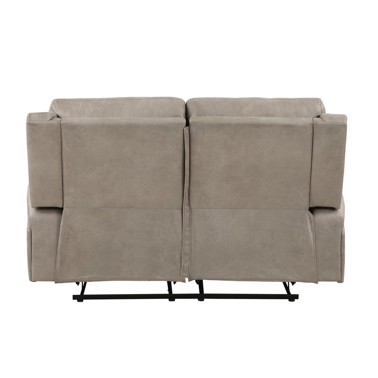 Taupe faux leather reclining sofa back view with metal mechanism