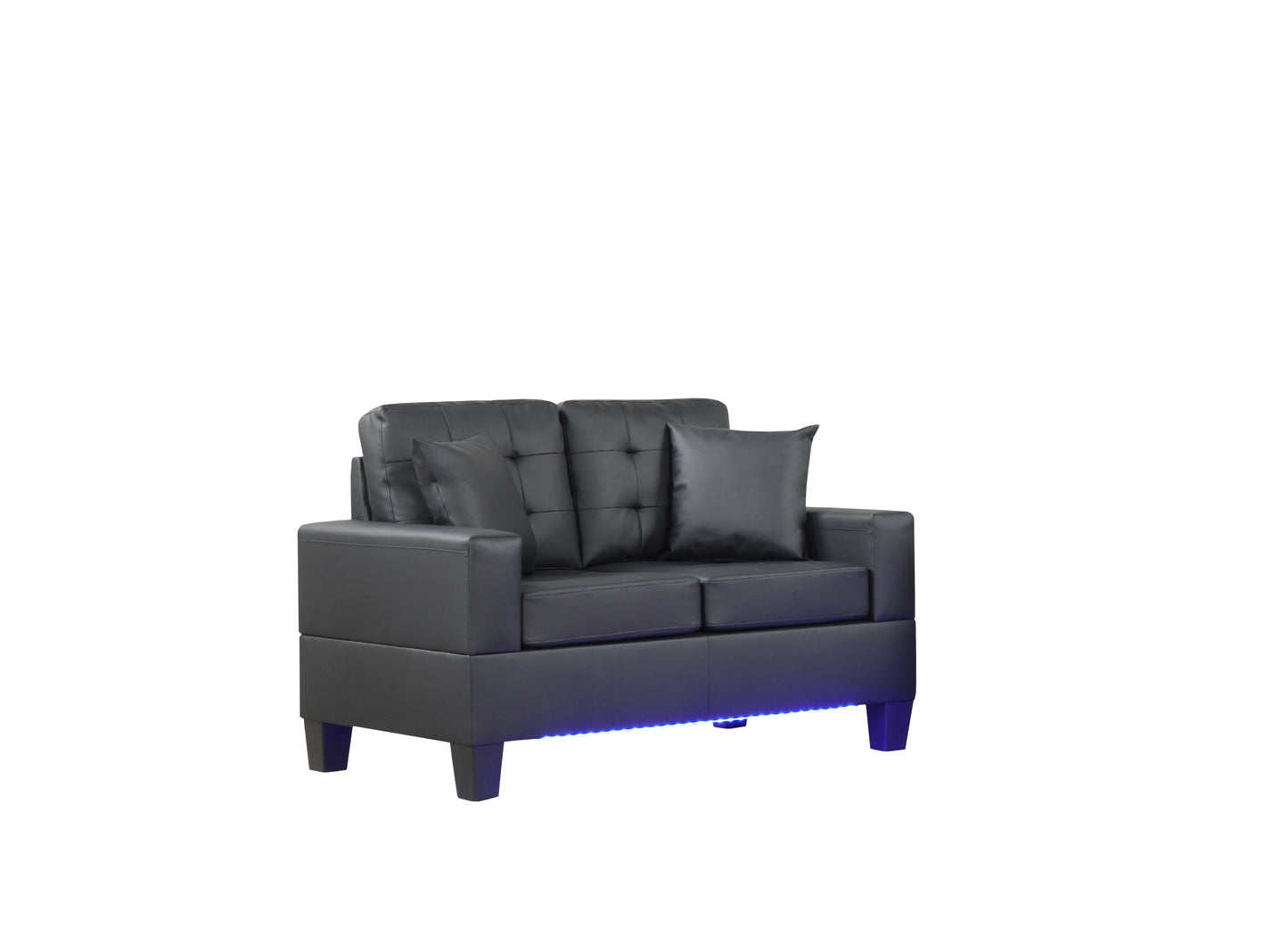 Black faux leather loveseat with tufted back and blue LED accent lighting