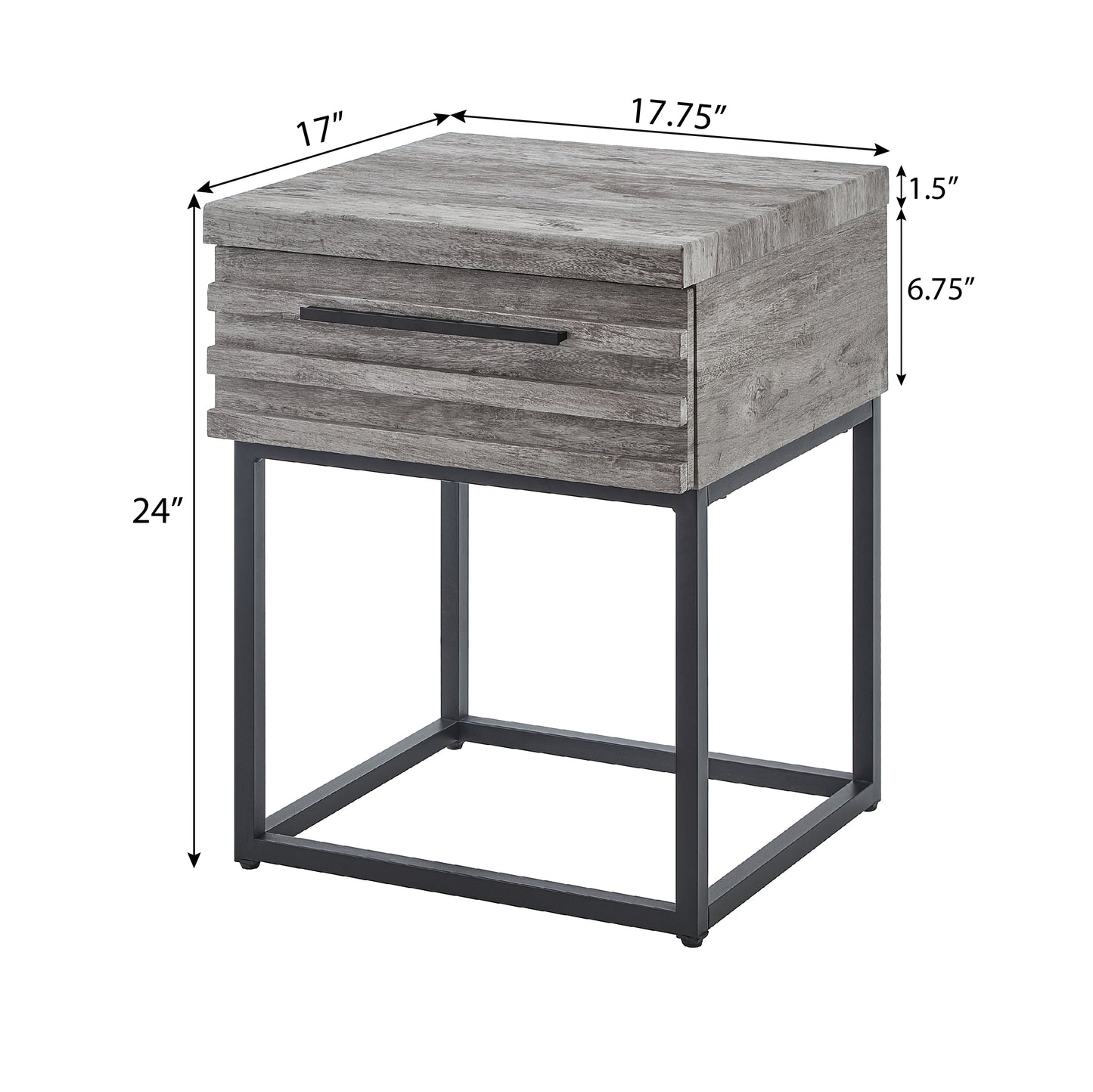 Gray woodlook end table with black metal frame and one drawer