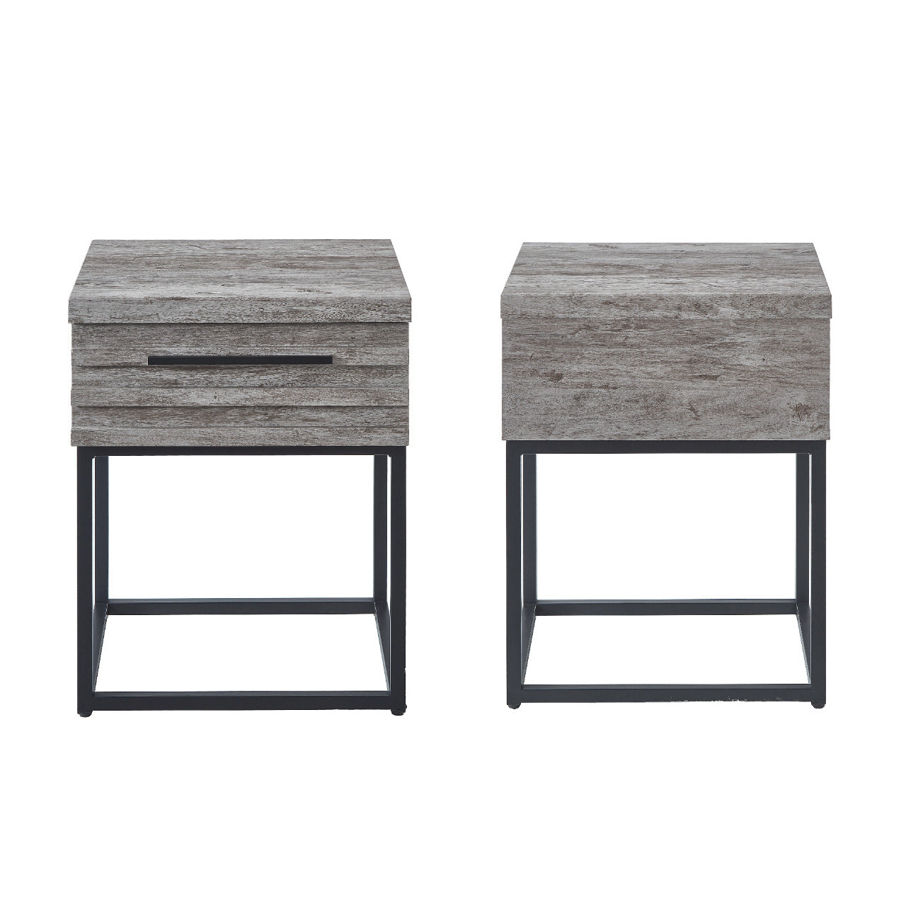 Rustic grey wood bedside table with black metal legs