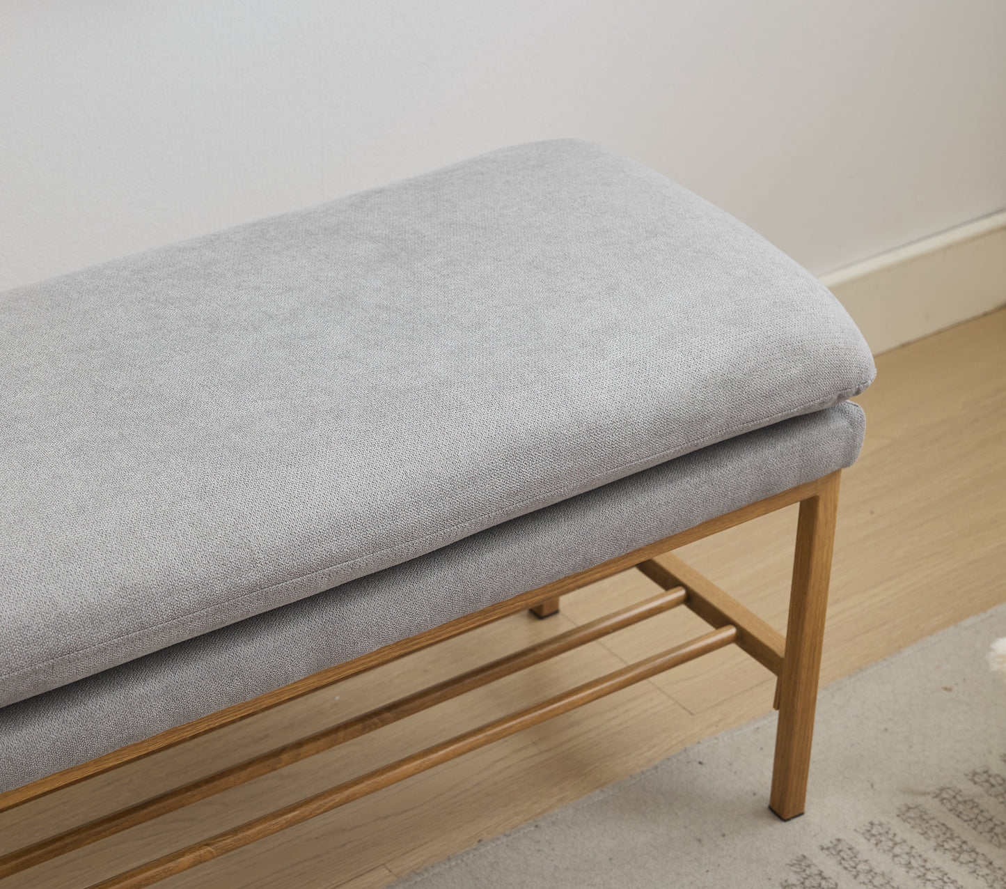 Stylish Bedroom Bench with Shelf, Gray Linen Upholstery