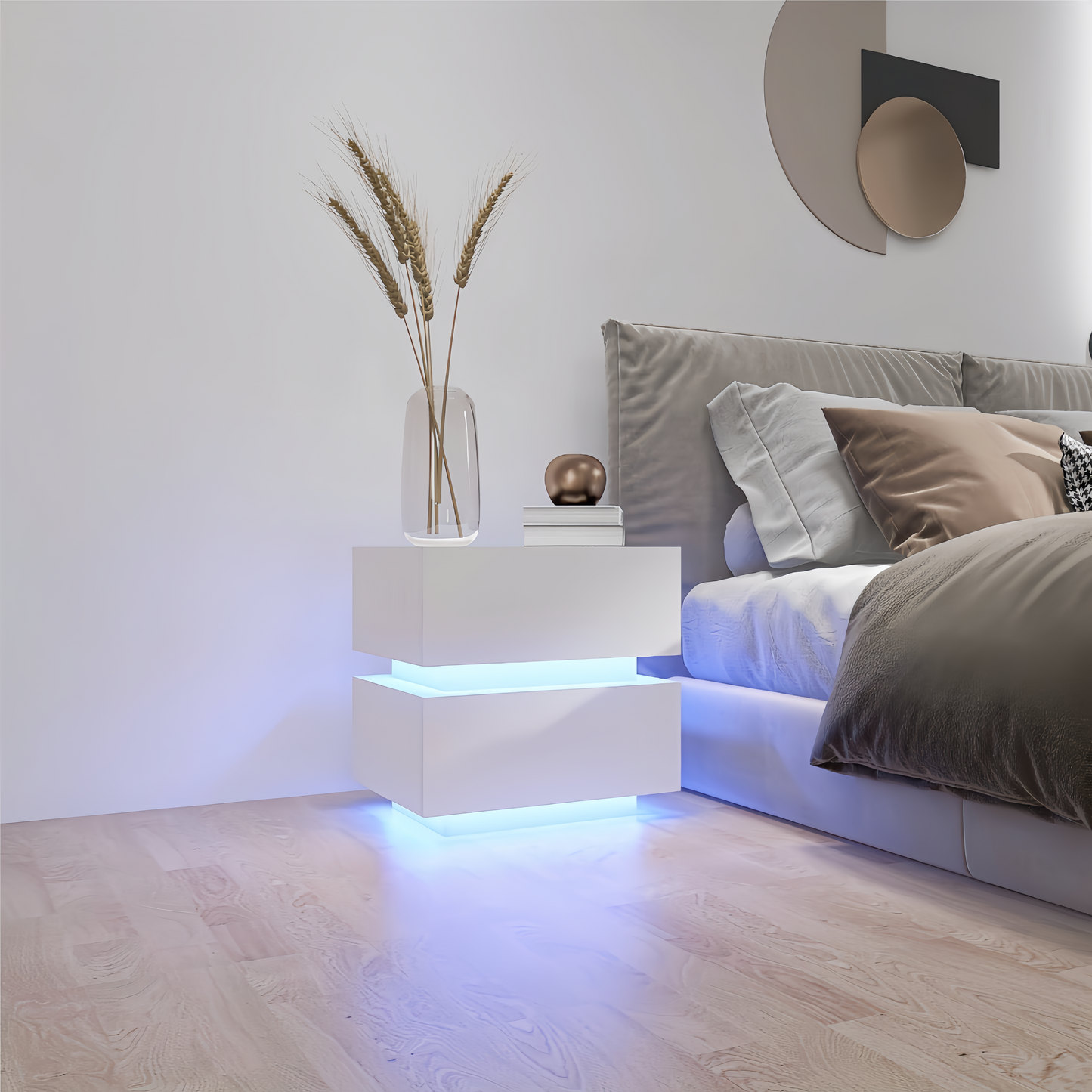 Modern white floating nightstand with blue LED lighting
