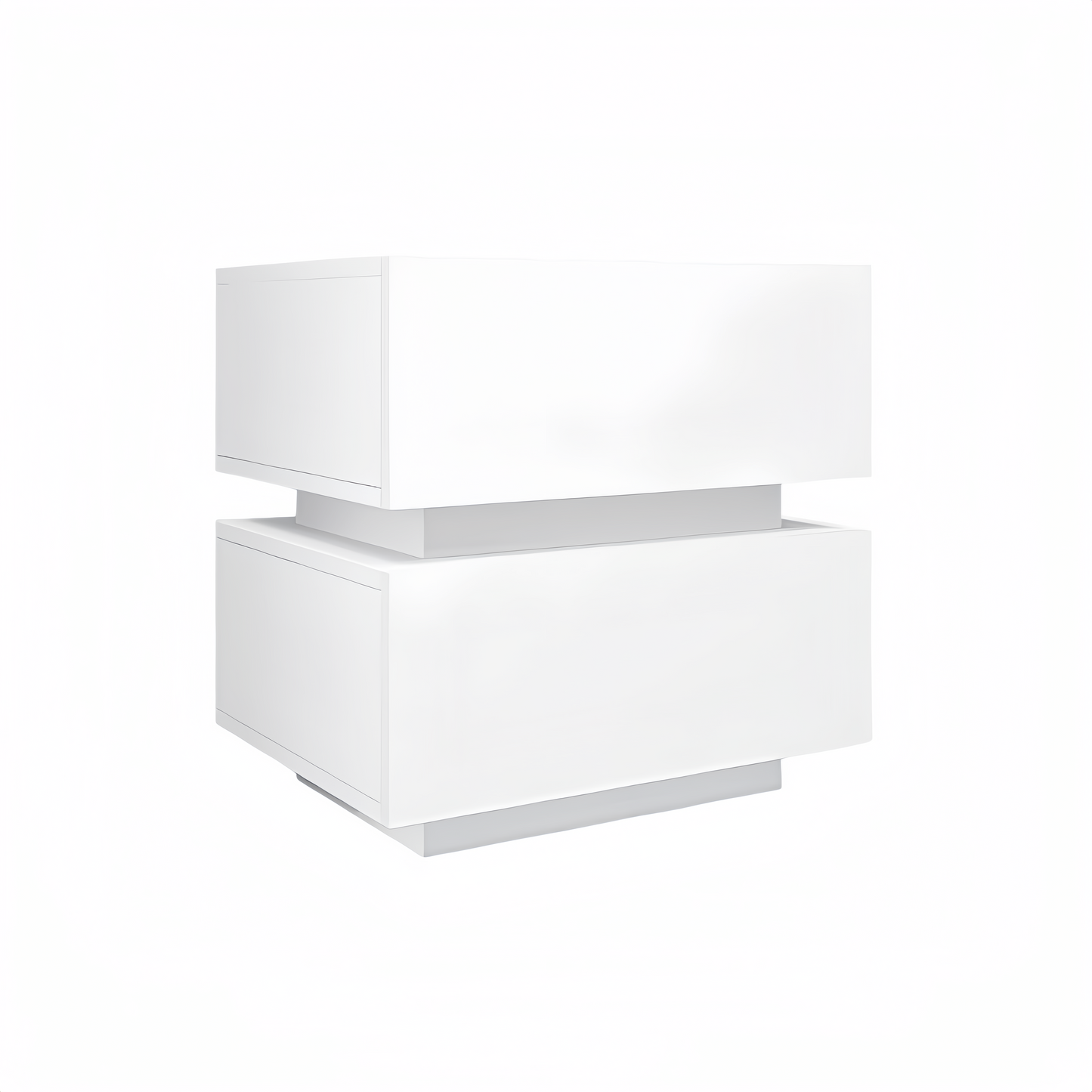 Sleek white twodrawer nightstand with silver base accent