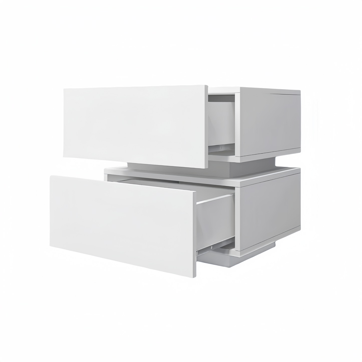 Sleek white twodrawer nightstand with modern minimalist design