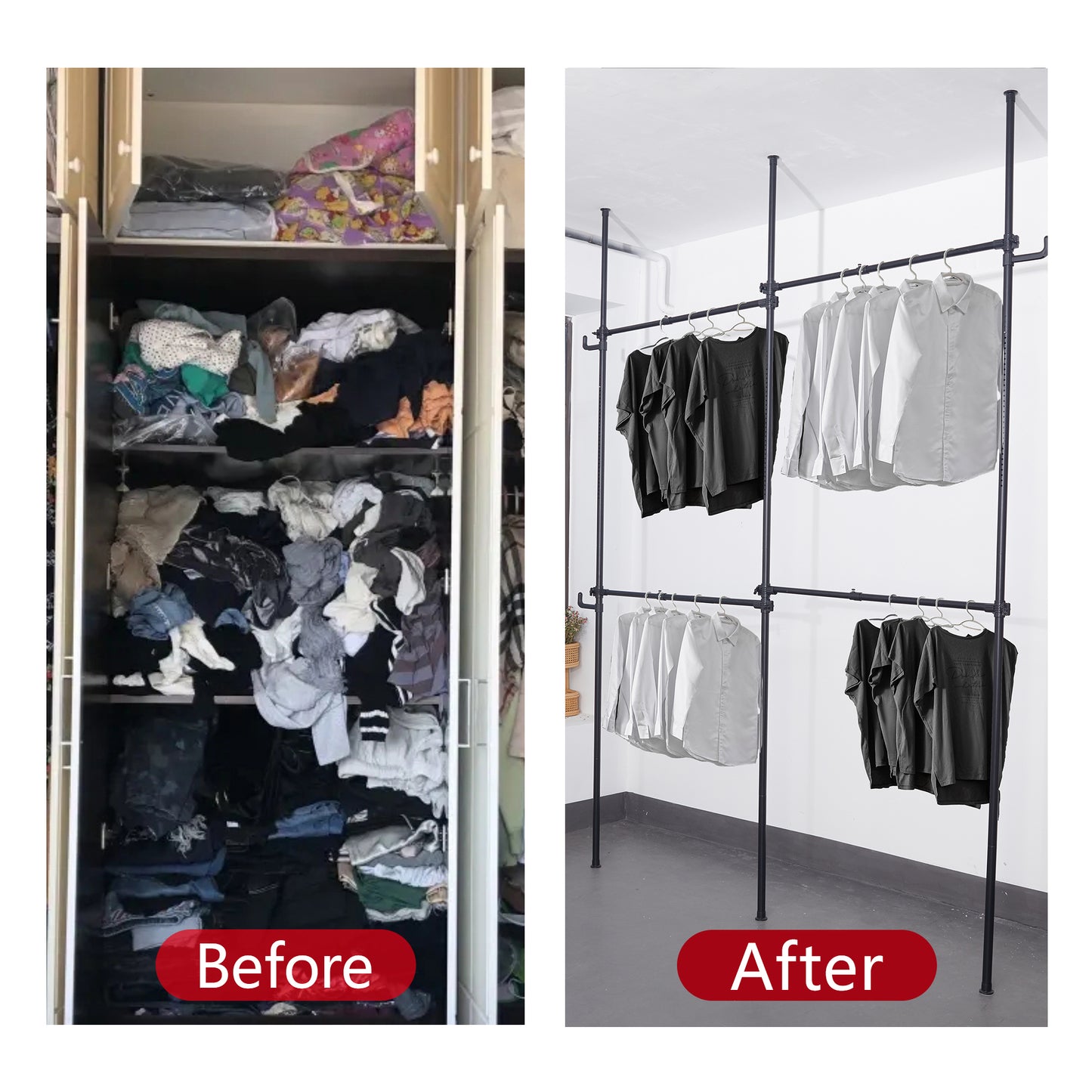 Industrial garment rack with black tshirts and white shirts