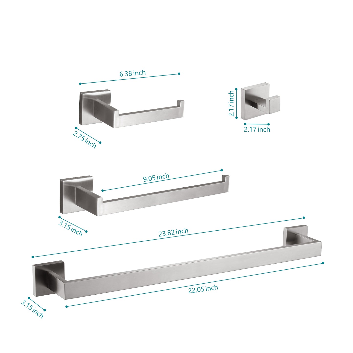 Brushed nickel bathroom hardware set including toilet paper holder towel bar and robe hook