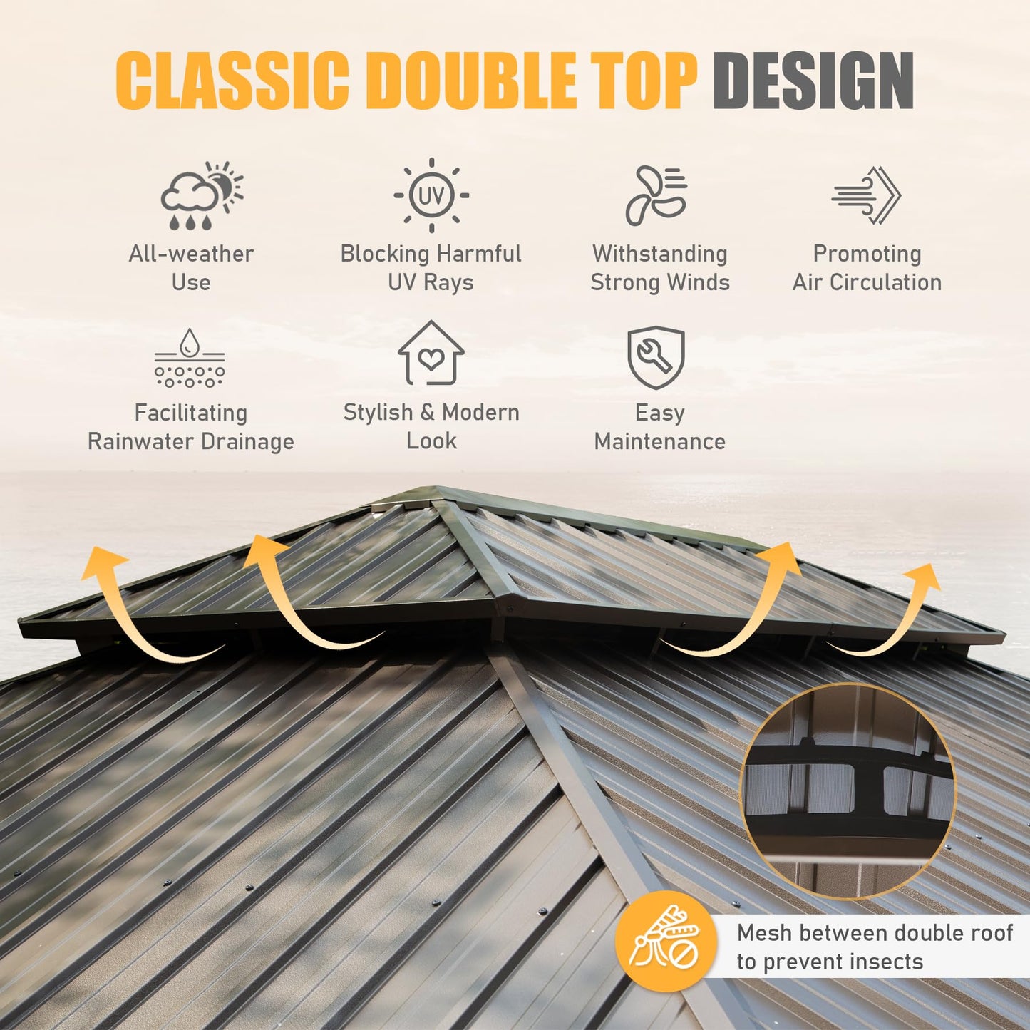 Dark metal gazebo roof with classic double top design promoting air circulation